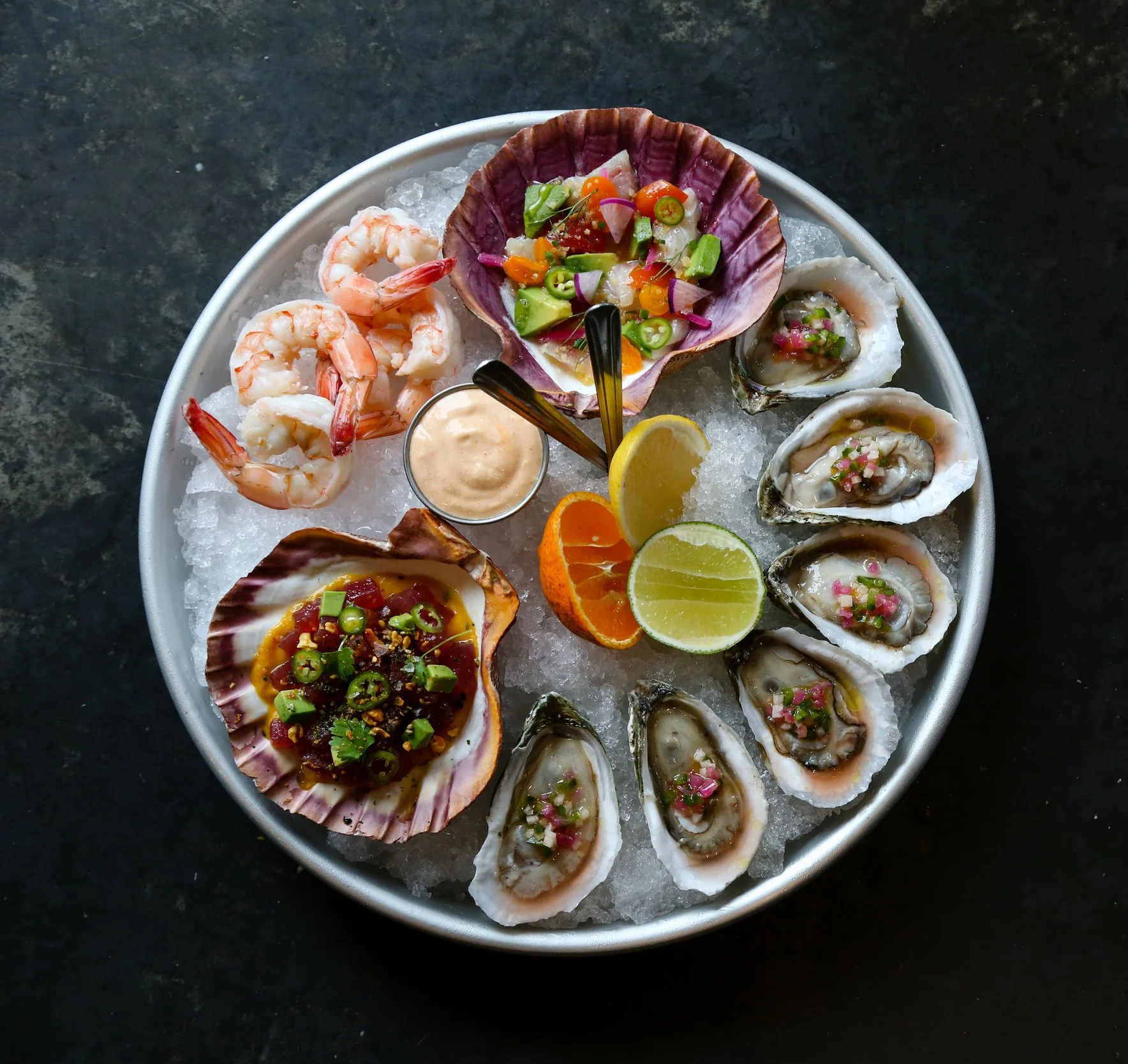 Seafood plate on ice, from above