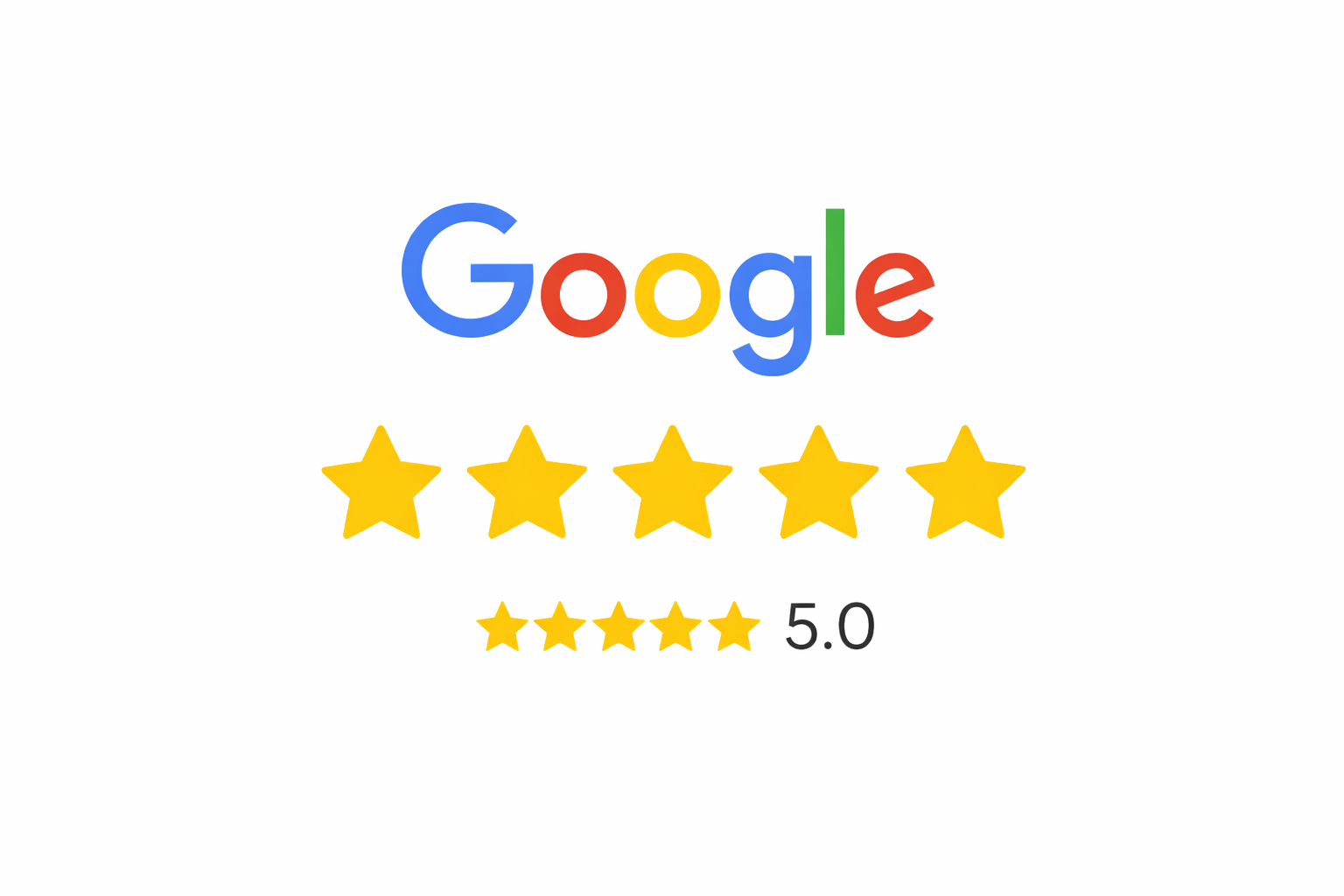 Google logo with five yellow stars and a 5.0 star rating below.