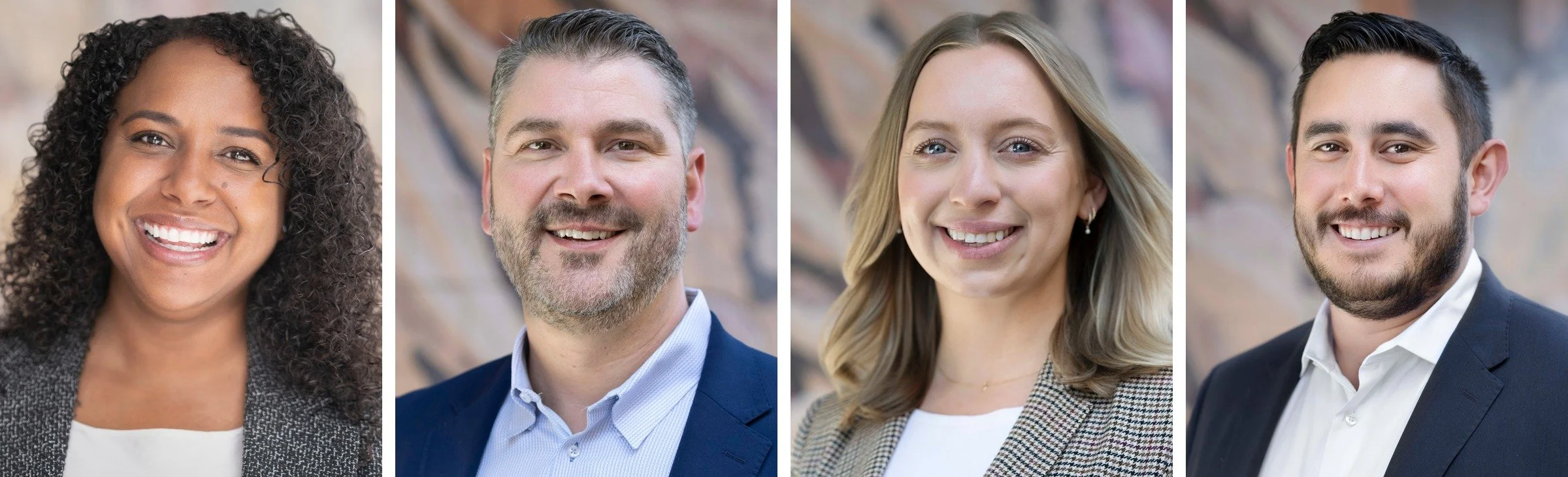 Four professional headshots of diverse individuals smiling in front of a blurred outdoor background.