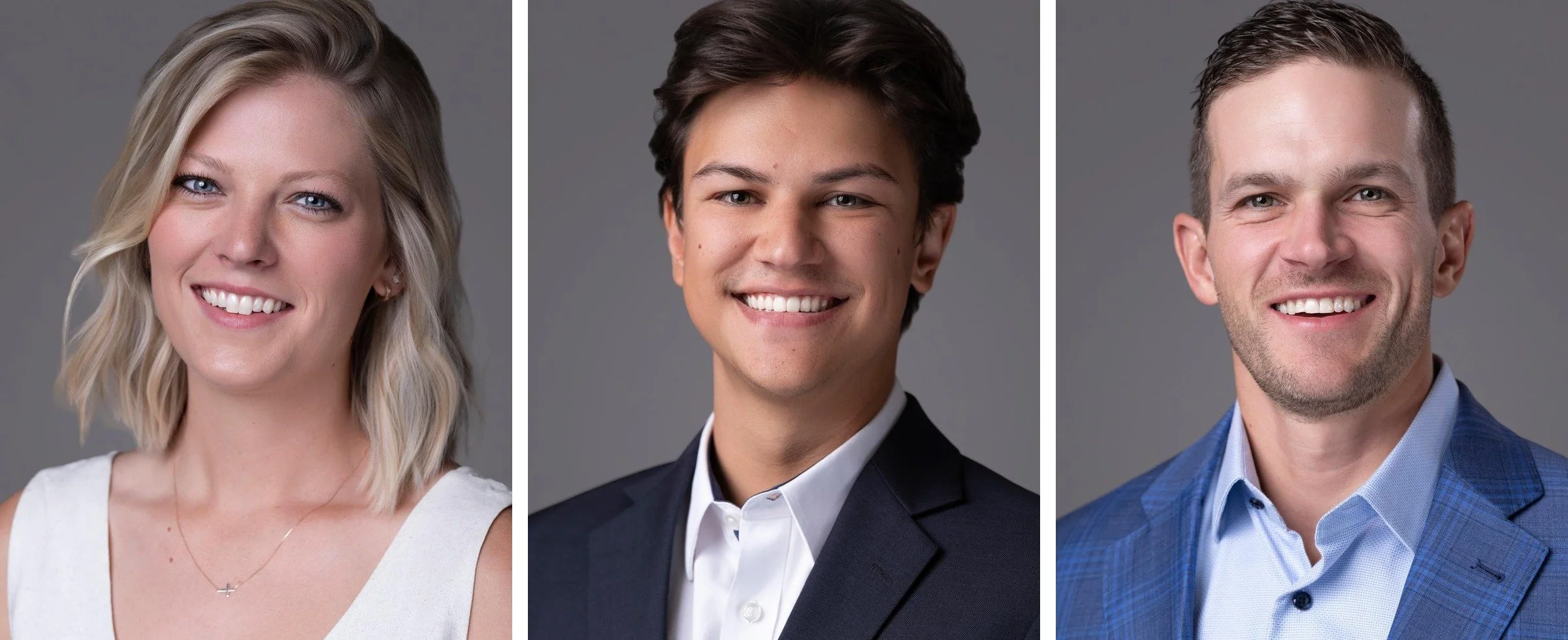Headshots of three professionally dressed individuals with smiles, set against a gray background.
