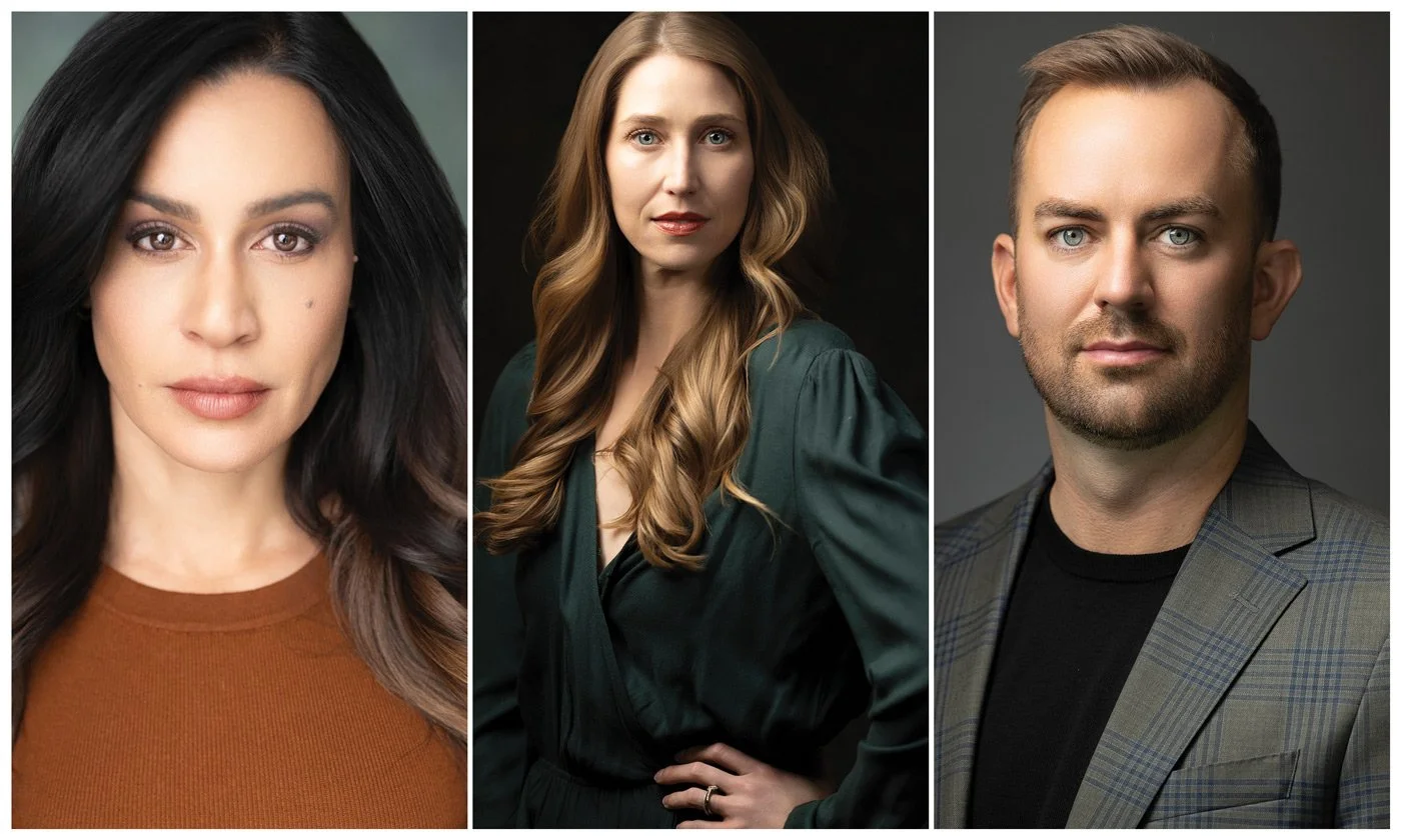 Three professional headshots of two women and one man. The woman on the left has long dark hair and is wearing a brown top. The woman in the center has long wavy blonde hair and is wearing a dark green blouse. The man on the right has short light brown hair, a beard, and is wearing a plaid blazer over a black shirt.