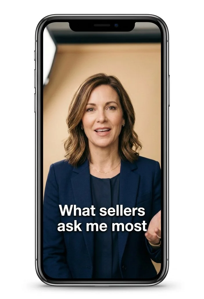 Phone showing a captioned vertical video of a real estate agent speaking to camera