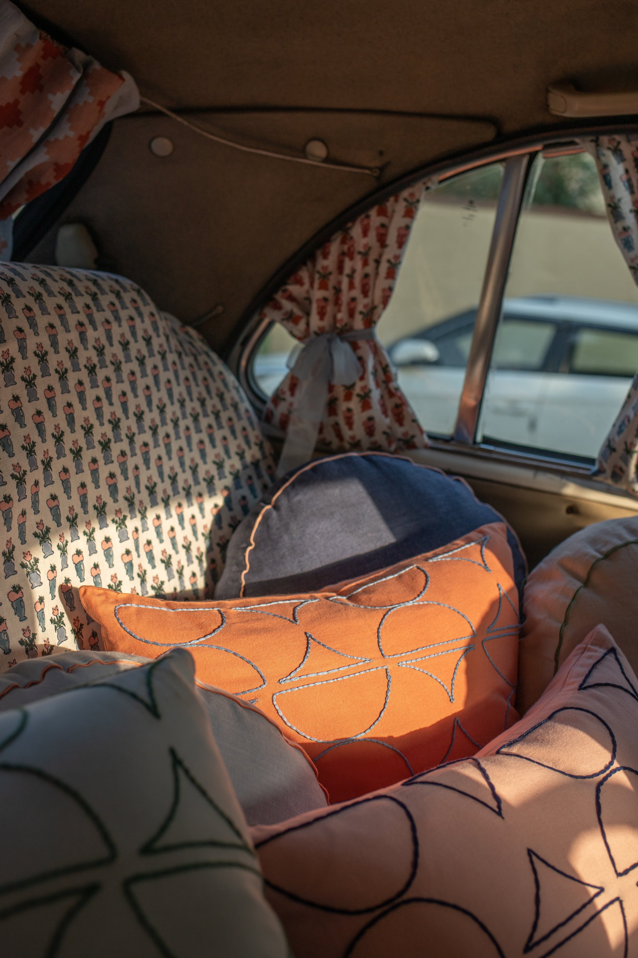 Cushions piled into an ambassador in Jaipur.