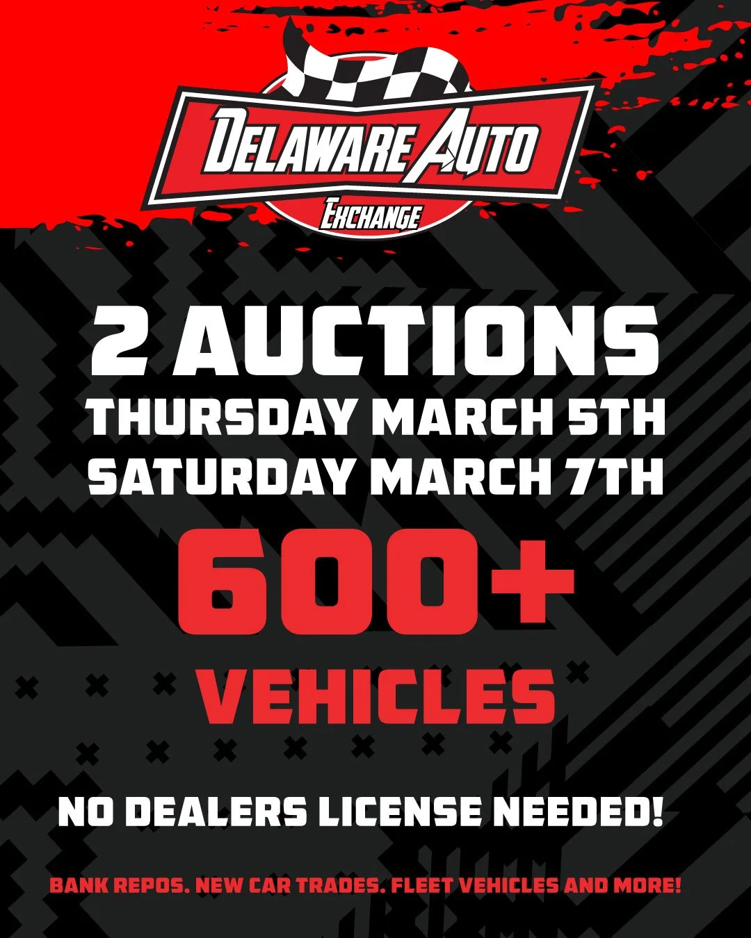 🚨 600+ VEHICLES TO BE AUCTIONED 🚨

Two chances. Two big sales. One place to buy right.

🔥 THURSDAY &ndash; MARCH 5TH
🚪 Doors Open: 9:00AM
🕡 Auction Starts: 6:30PM

🔥 SATURDAY &ndash; MARCH 7TH
🚪 Doors Open: 8:00AM
🔔 Auction Starts: 10:00AM
Bi