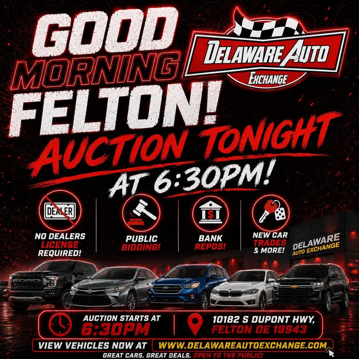 ☕ Start your morning with plans for tonight!

The Delaware Auto Exchange auction kicks off at 6:30 PM, and the lineup is loaded with bank repos, new car trades, and fresh inventory ready to hit the auction block.

No dealer license? No problem.
Every