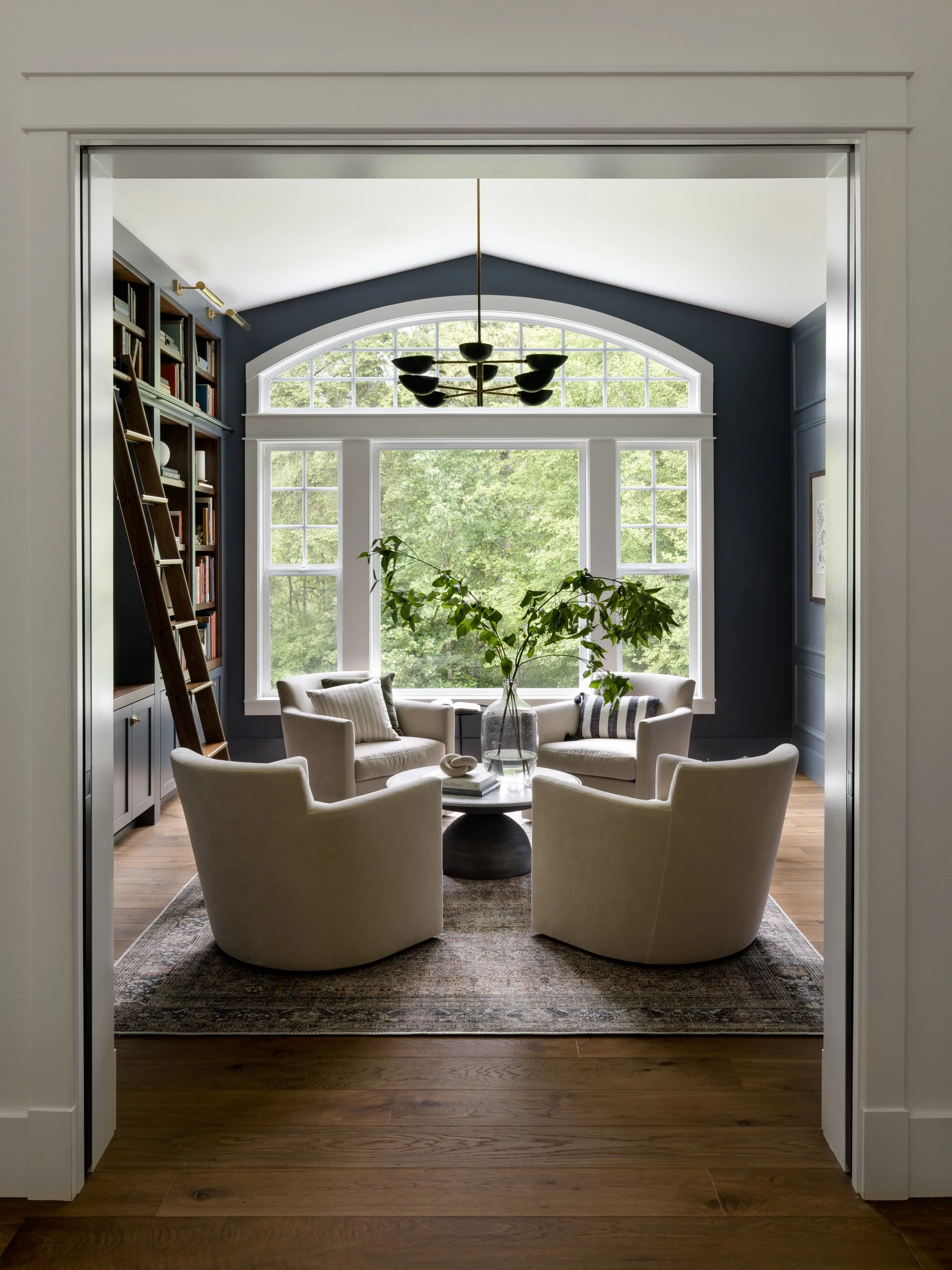 Echo Falls Library walnut and dark blue shelves