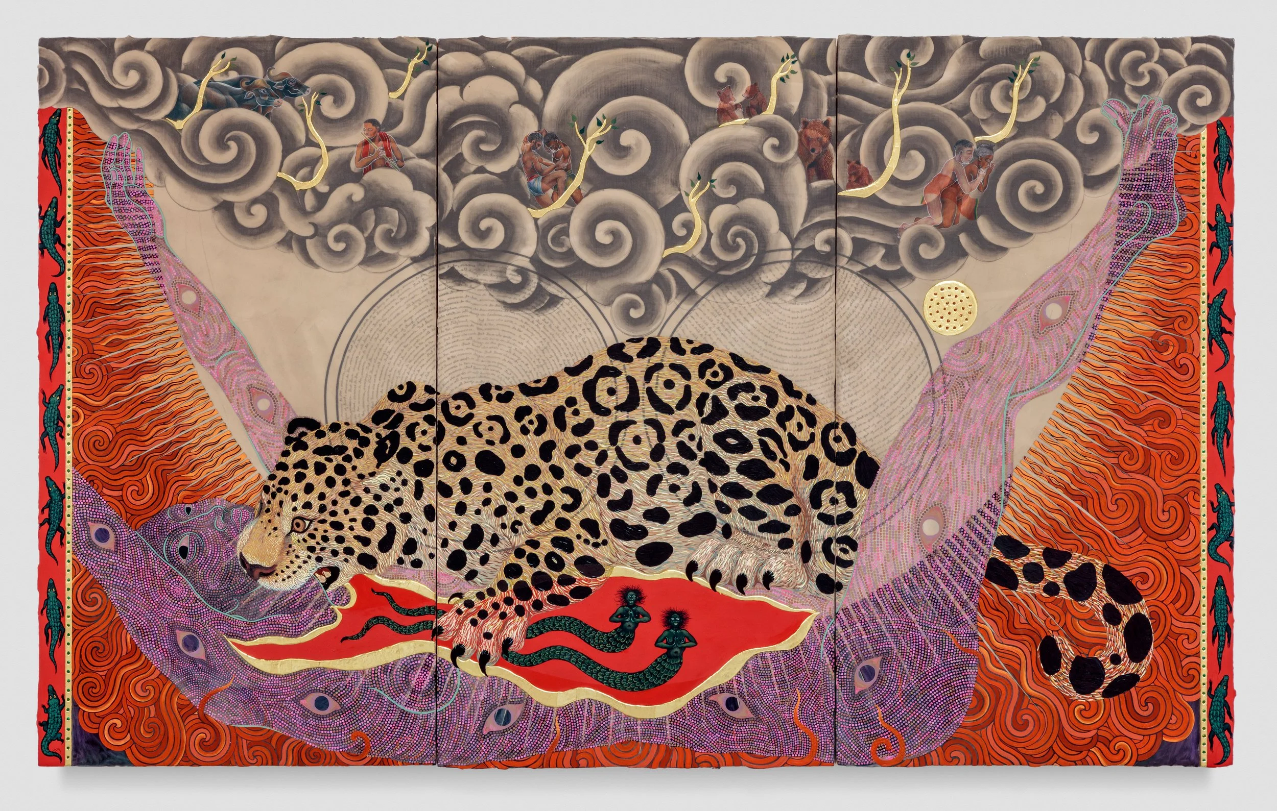The End of Night Oil, graphite, beetle wings, gold leaf and rhinestones on wood panel 55 x 90 inches 2022
