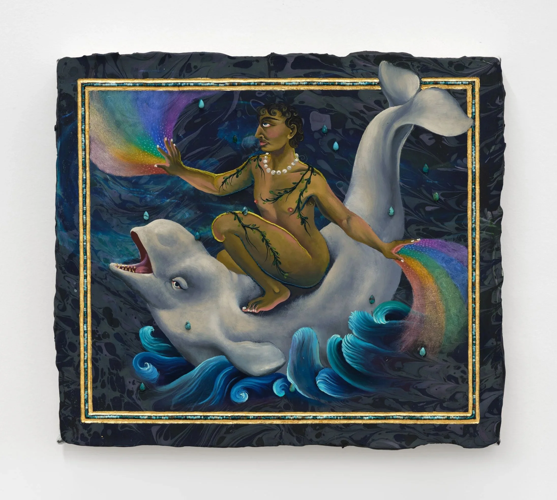    The Man with the Television Hands   • 2026 Oil, acrylic, gold leaf, seed beads, turquoise and tanjore rhinestone on canvas 14 x 16 in | 35.6 x 40.6 cm 