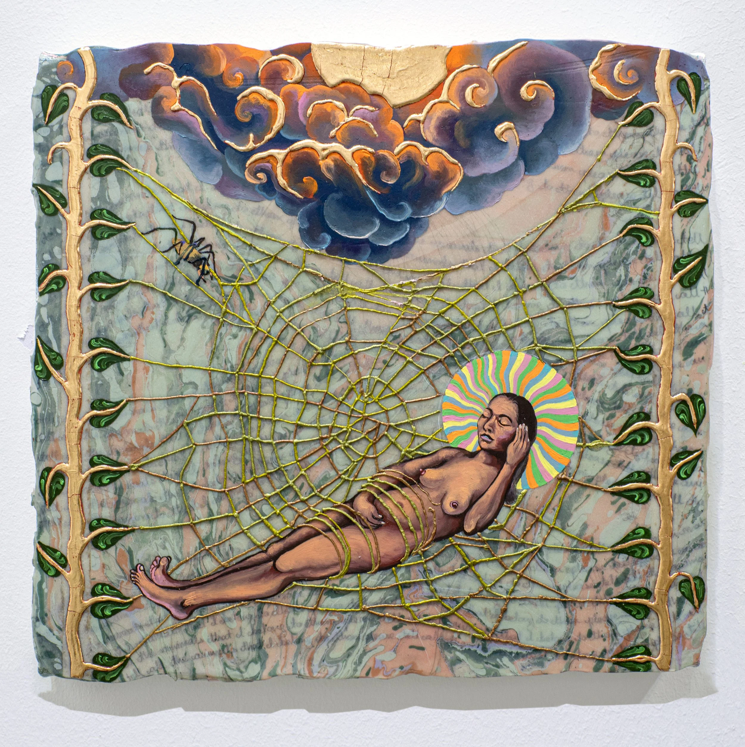    Untitled (Woman in a Web)   Oil, acrylic, rose gold leaf, and graphite on canvas • 11 x 12 inches • 2024 