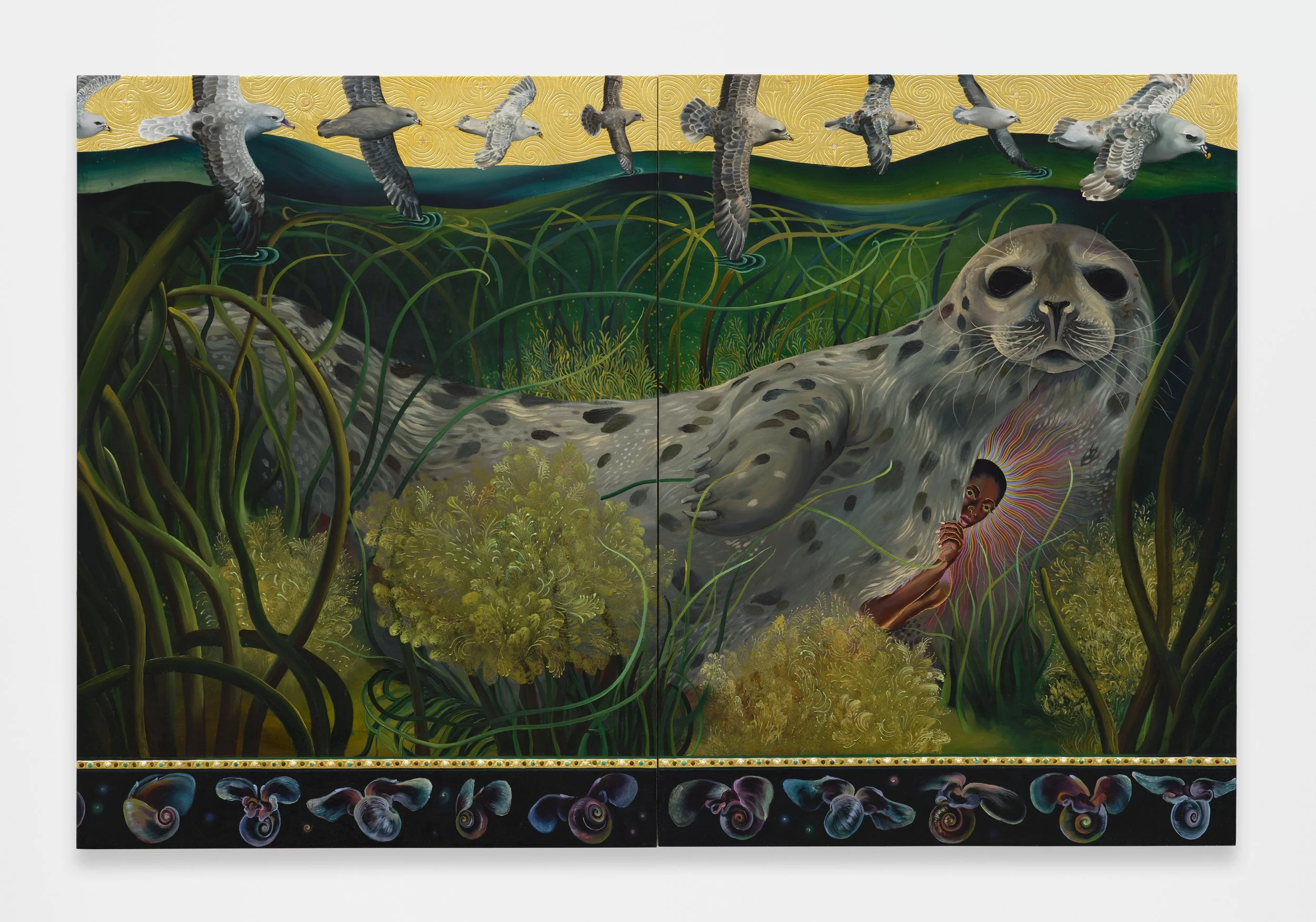    Selkie   • 2026 Oil, graphite, freshwater pearls, abalone, moonstone, rose quartz, beetle wings, and gold leaf on wood panel 40 x 60 in 101.6 x | 152.4 cm 