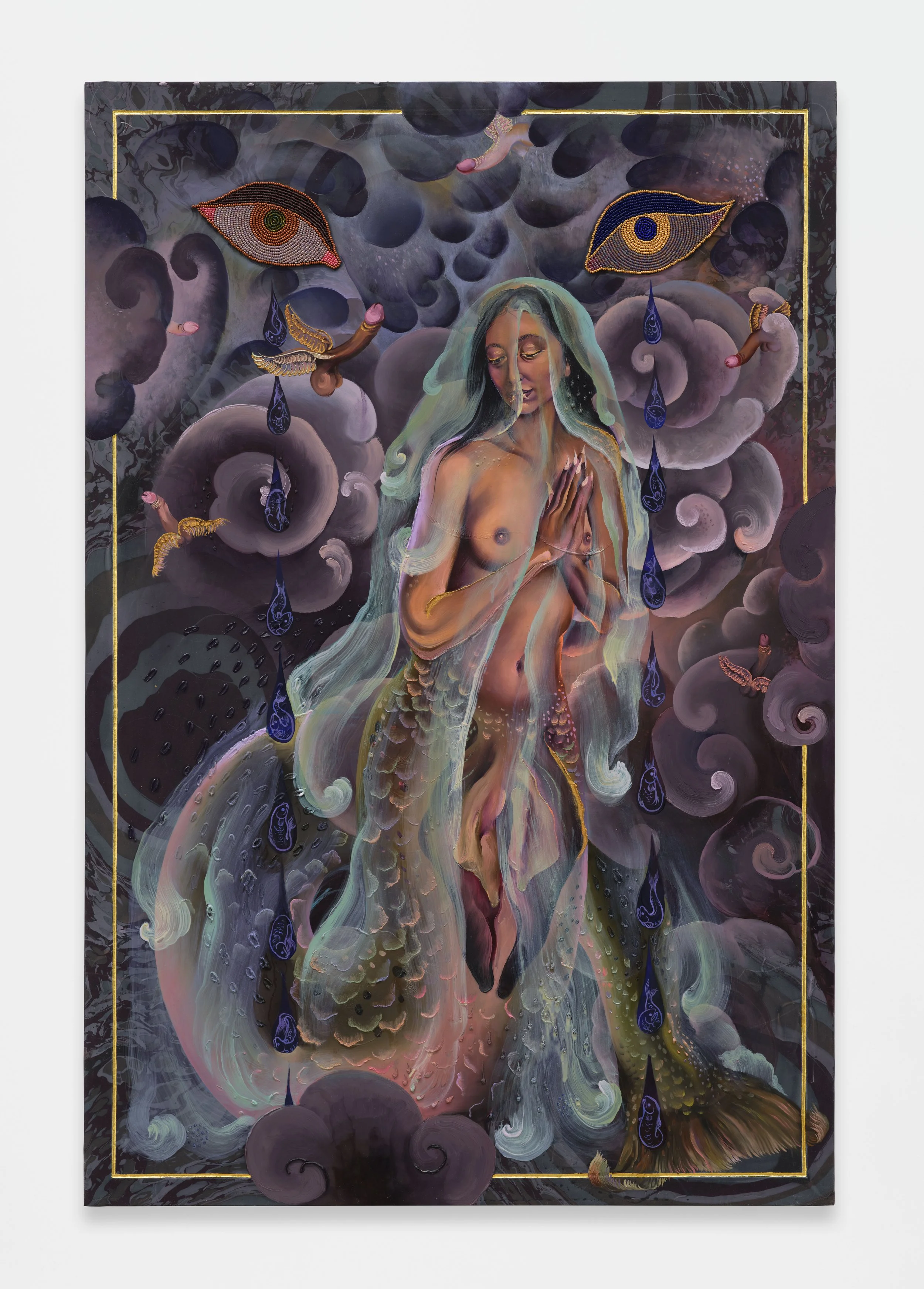    Seduction of the Sea Queen   • 2026 Oil, acrylic, seed beads, and gold leaf on wood panel 24 x 36 in | 61 x 91.4 cm 