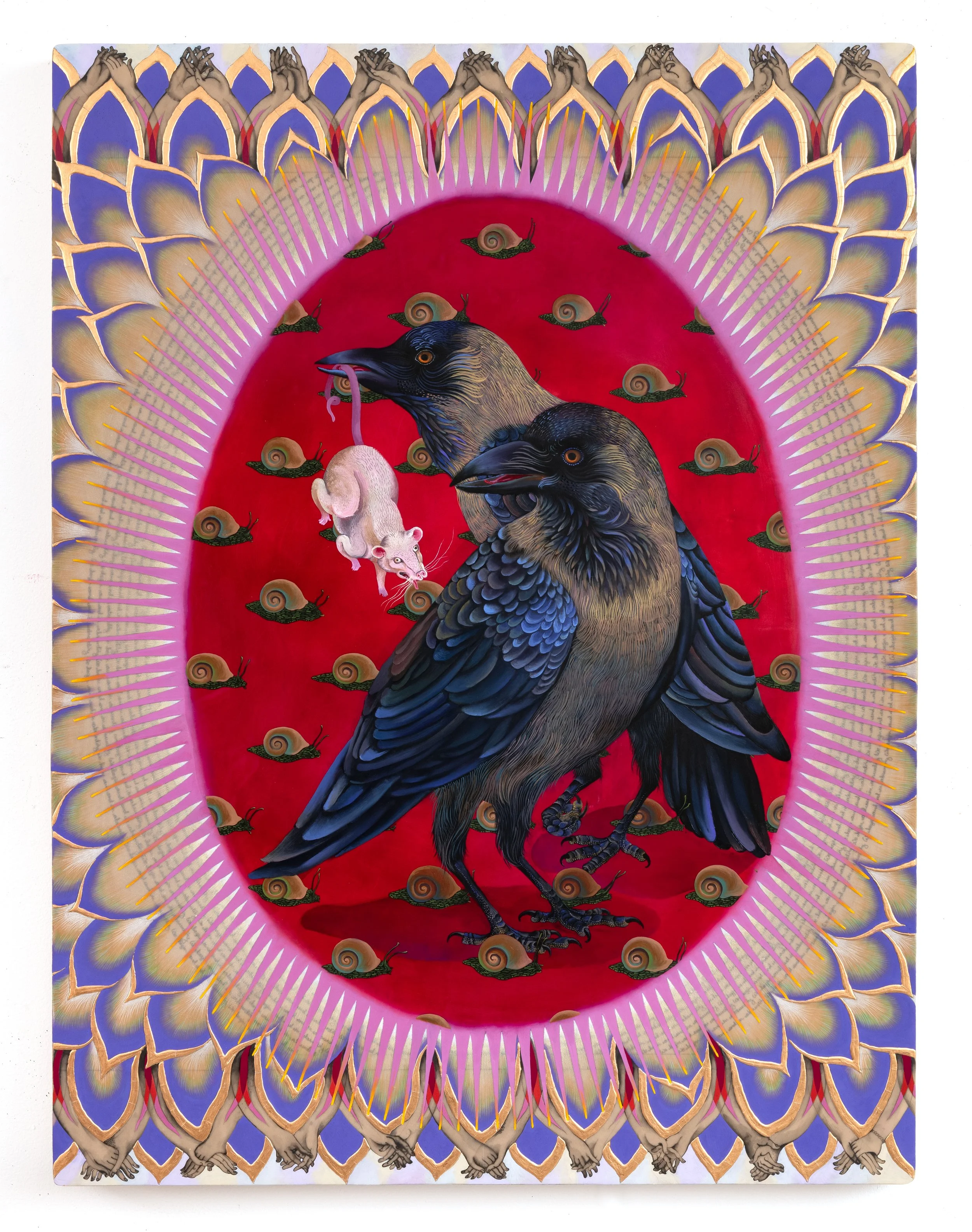    One Red Blood   Oil, acrylic, rose gold leaf, graphite, and color pencil on wood panel • 40 x 30 inches • 2024 