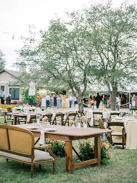 Outdoor wedding reception setup at Asante wedding venue in Dripping Springs Texas Hill Country