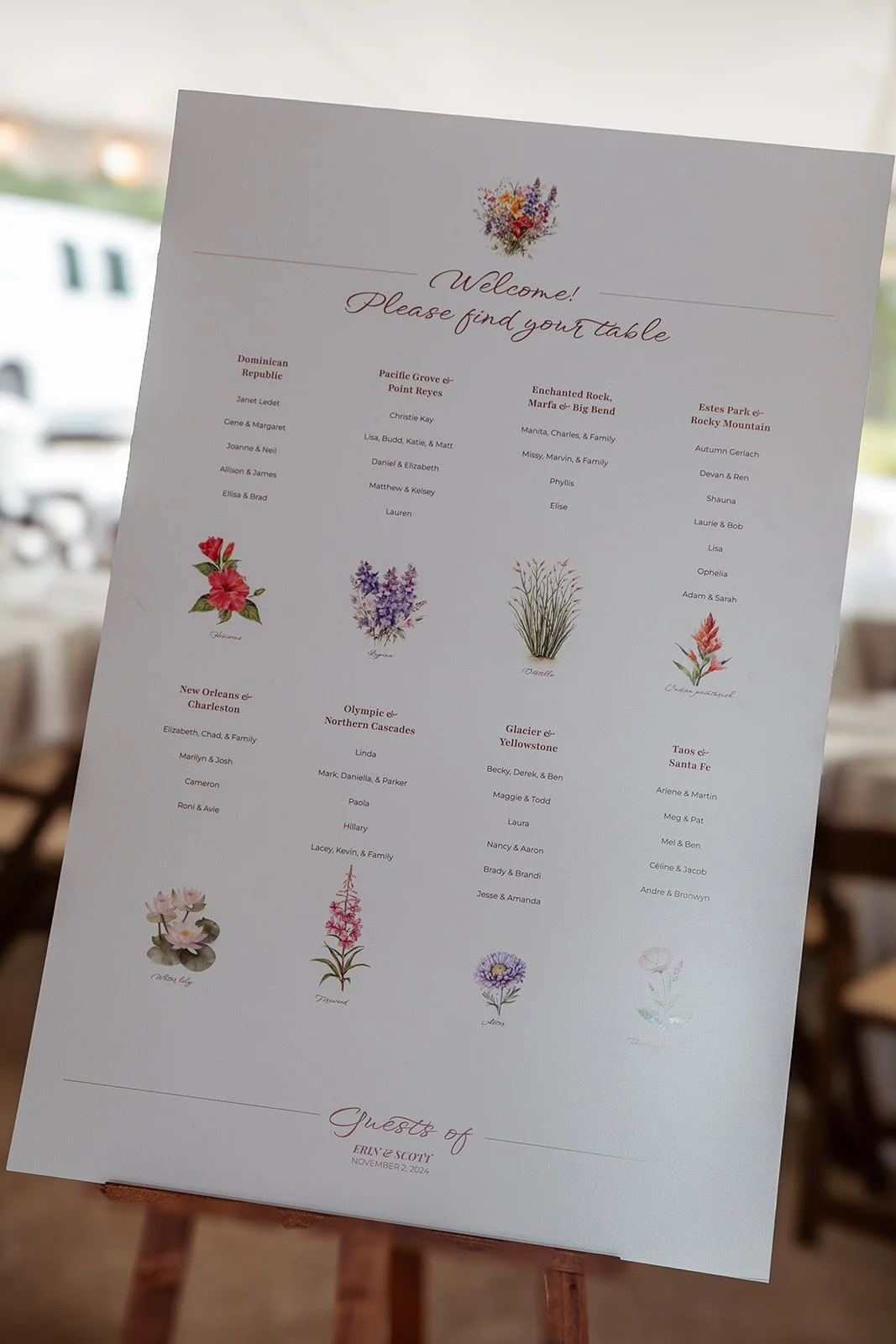 Wedding seating chart with floral illustrations and guest lists organized by tables named after different locations.