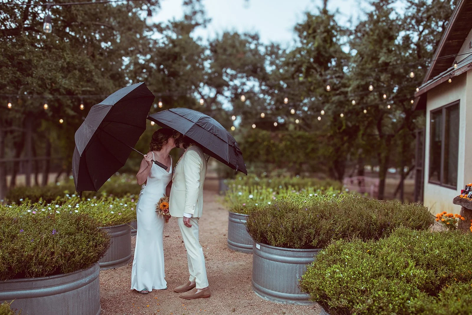 A couple in wedding attire sharing a kiss under black umbrellas outdoors during rain, surrounded by potted plants and string lights in the evening.