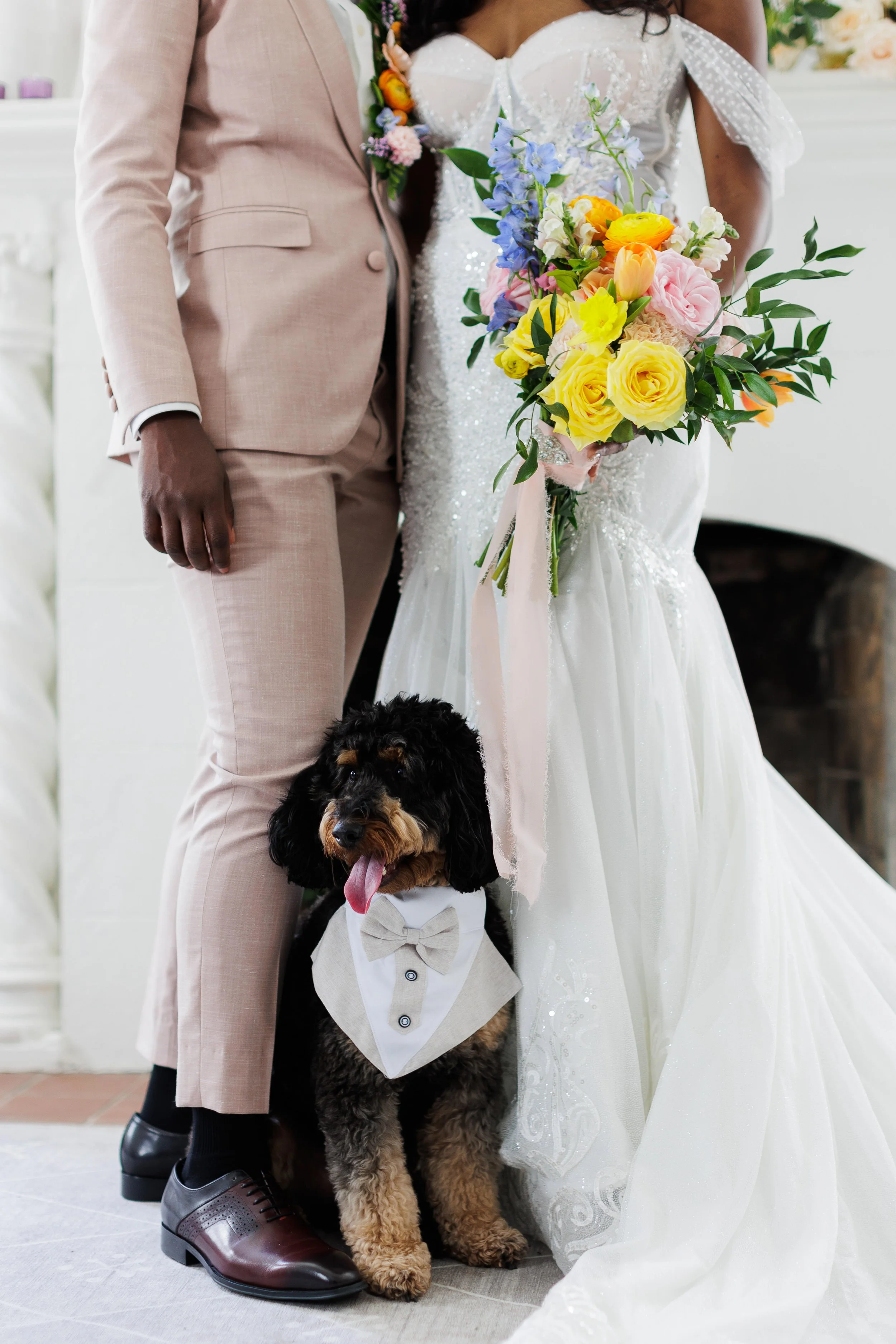 A bride and groom standing together at their wedding, with a dog sitting in front of them. The bride is holding a colorful bouquet of flowers, and the dog is wearing a tuxedo with a bow tie.