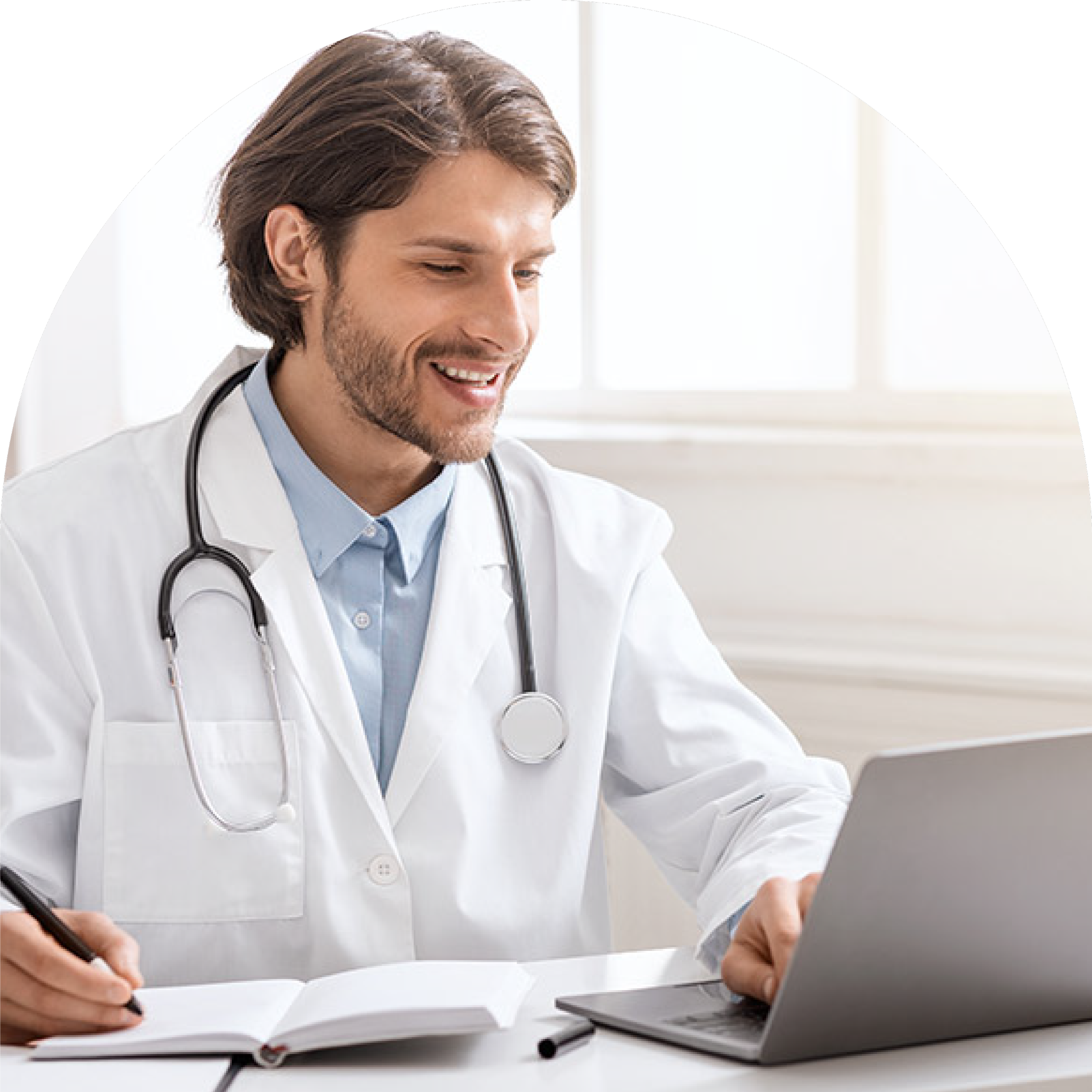 Male clinical provider watching laptop courses and webinars