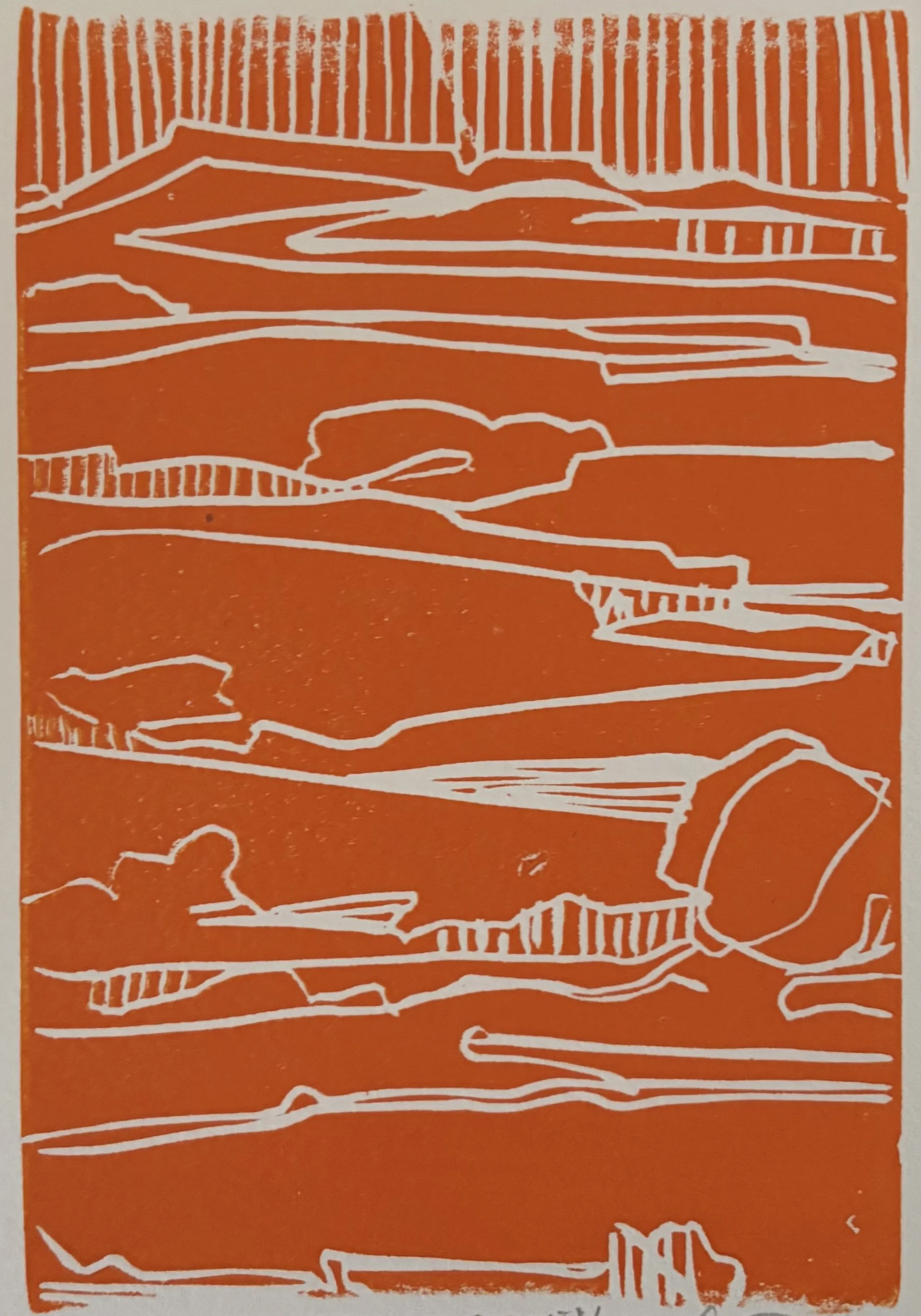 "Carved Horizons- Orange" Linocut