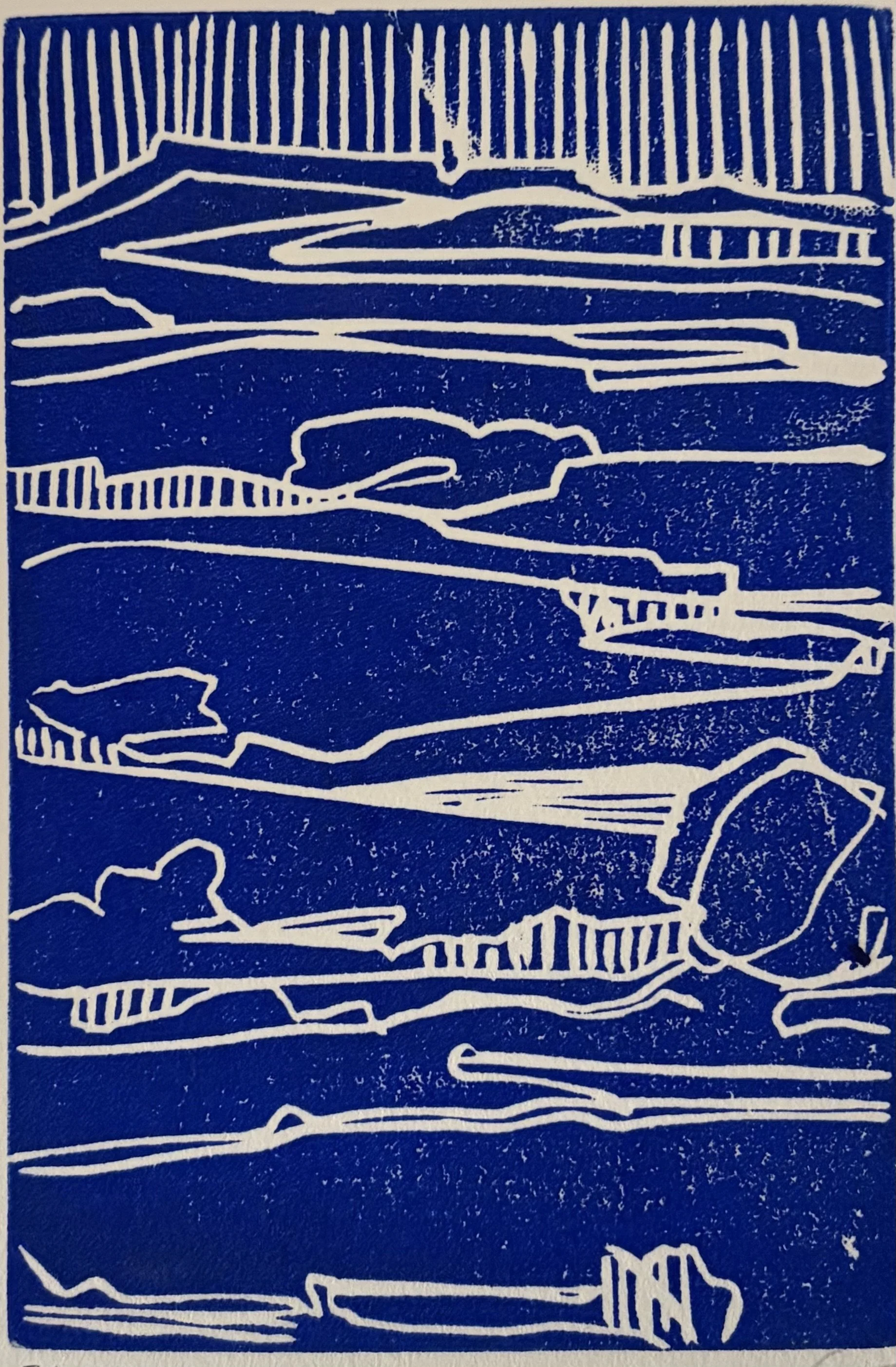 "Carved Horizons- Blue" Linocut