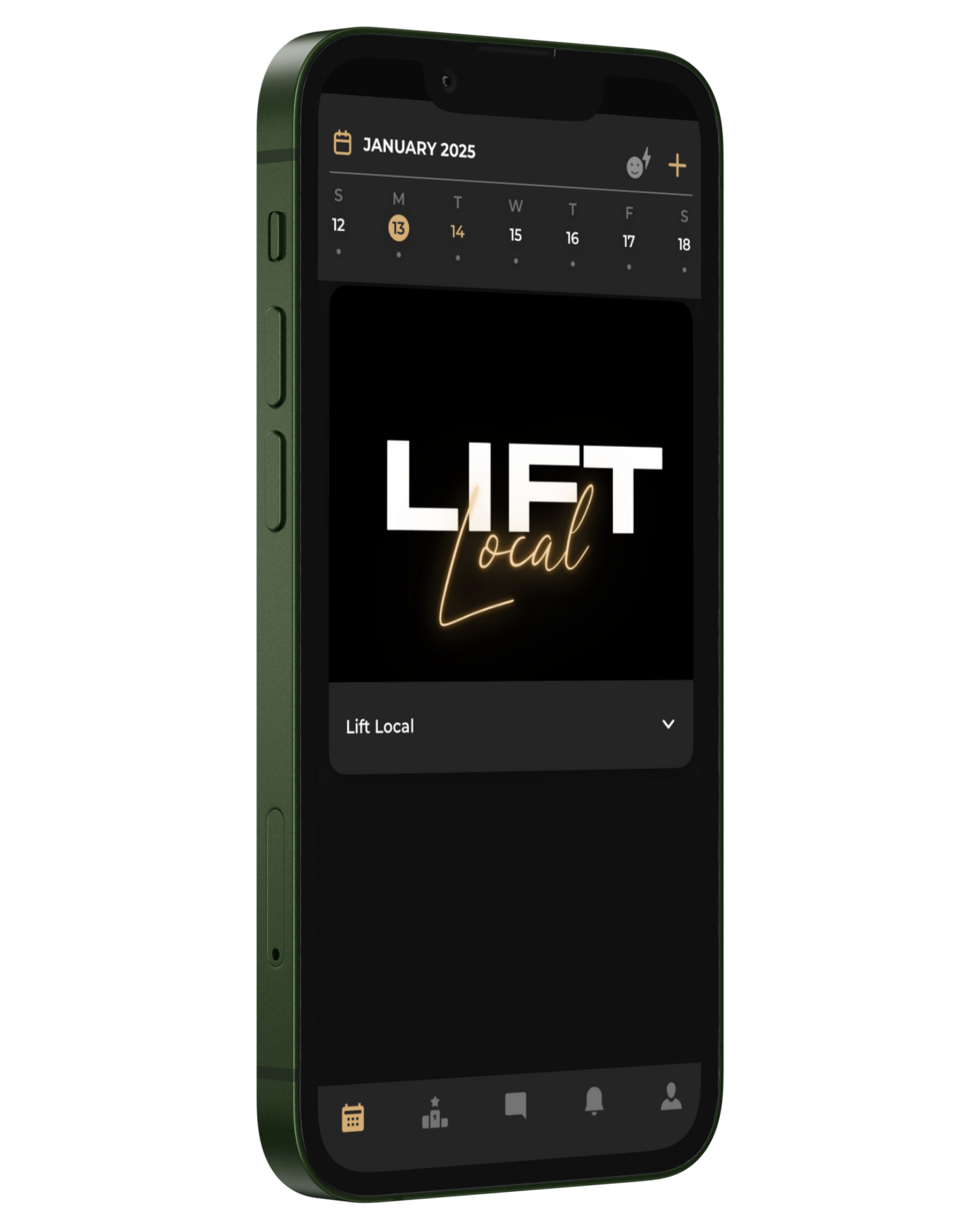 A smartphone screen displaying a digital calendar app with a dark theme, showing January 2025, with the phrase "Lift Local" in white and gold lettering on the main screen.