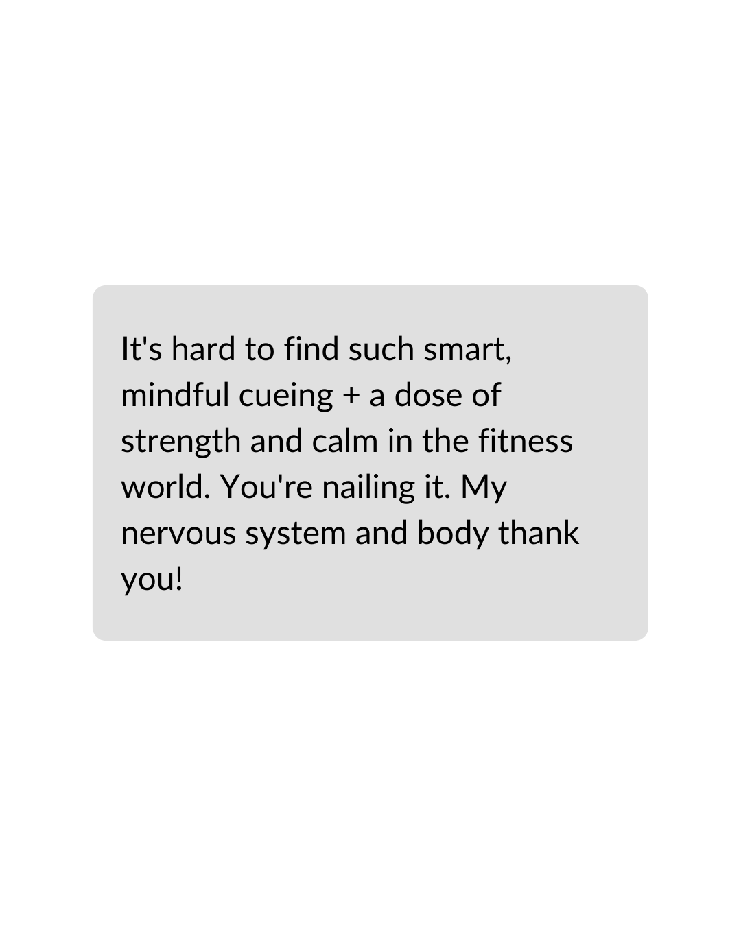 A text message on a gray background expressing appreciation for mental strength and calmness in fitness.