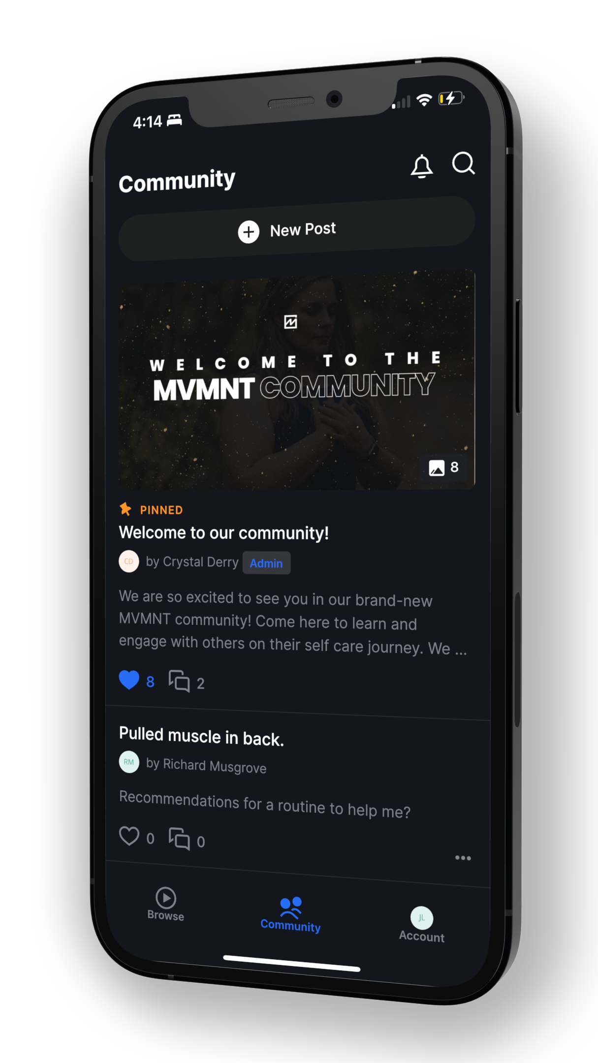 A smartphone screen displaying a community tab of a mobile app, showing a pinned welcome post, followed by a post about back muscle routine, user icons, and navigation icons at the bottom.
