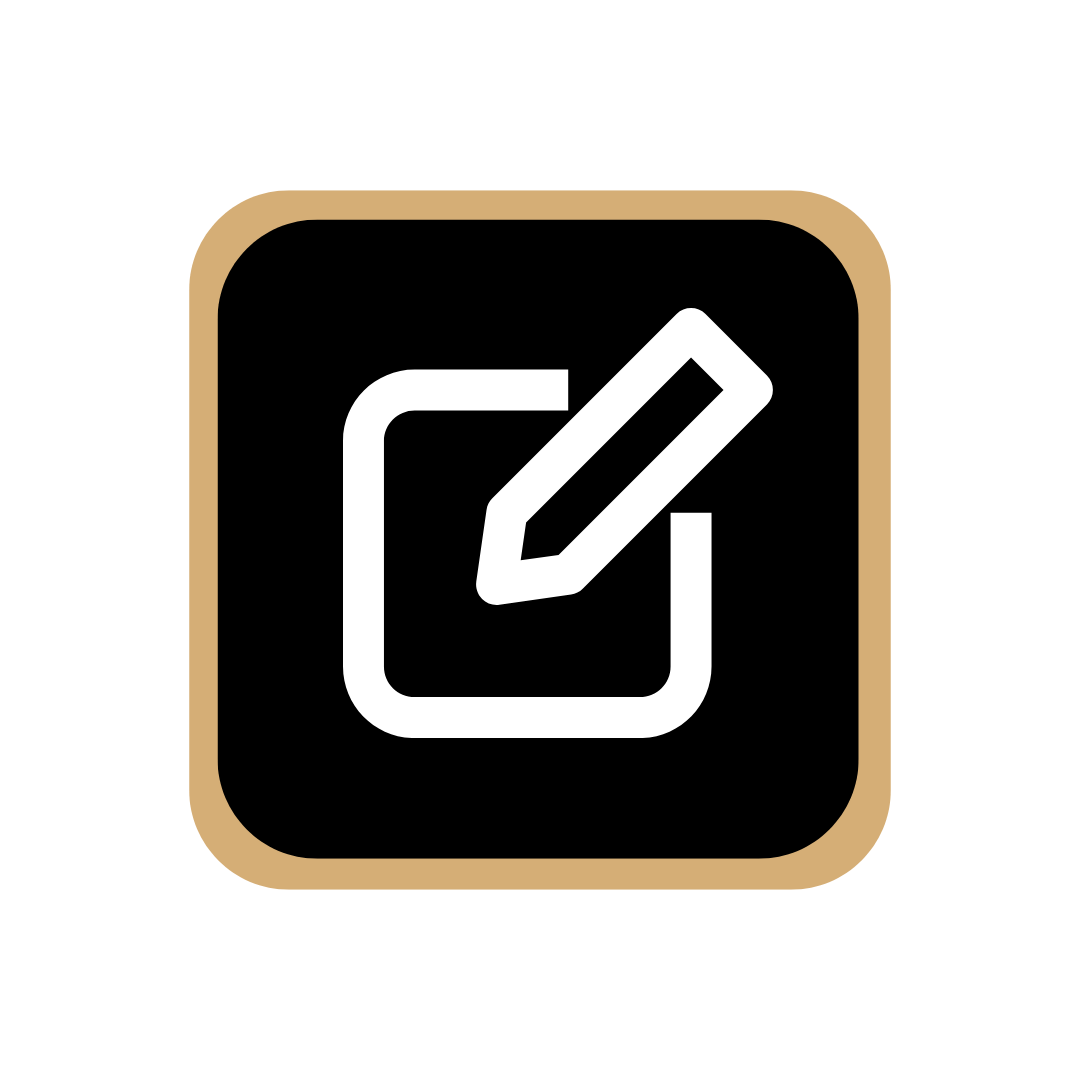 Icon of a pencil inside a square, indicating editing or writing, on a black background with a gold border.