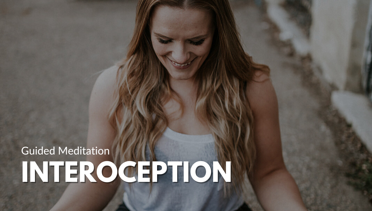 A woman with long wavy hair is smiling in an outdoor setting, looking down. Overlay text reads 'Guided Meditation Interception'.