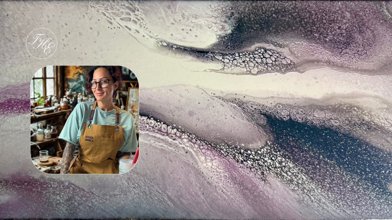 Tina Hursh-Emond in her art studio overlaid on fluid abstract background with mauve, black, and white resin textures and T H E logo in the corner.