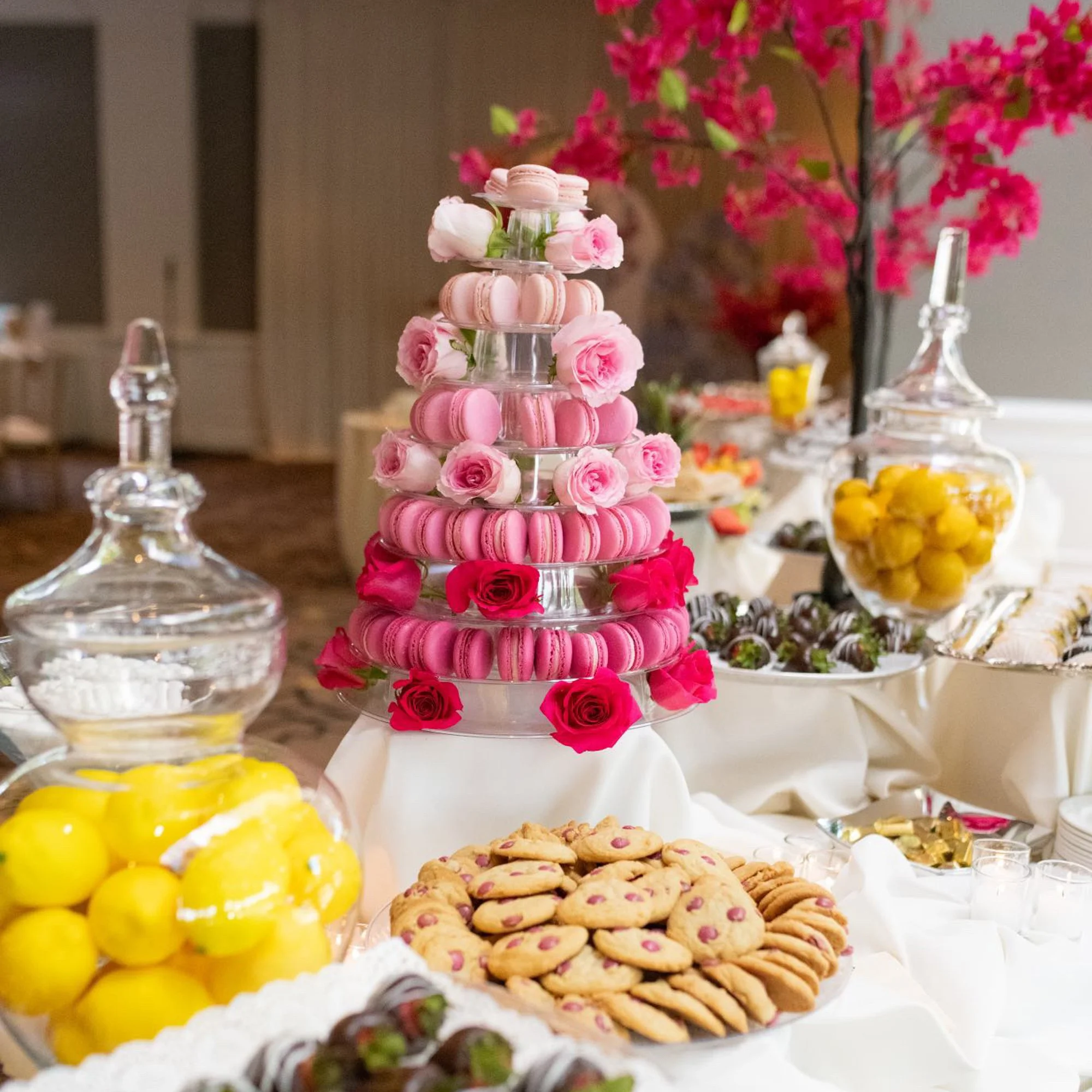 macaron tower that added height and color to a beautiful dessert table 