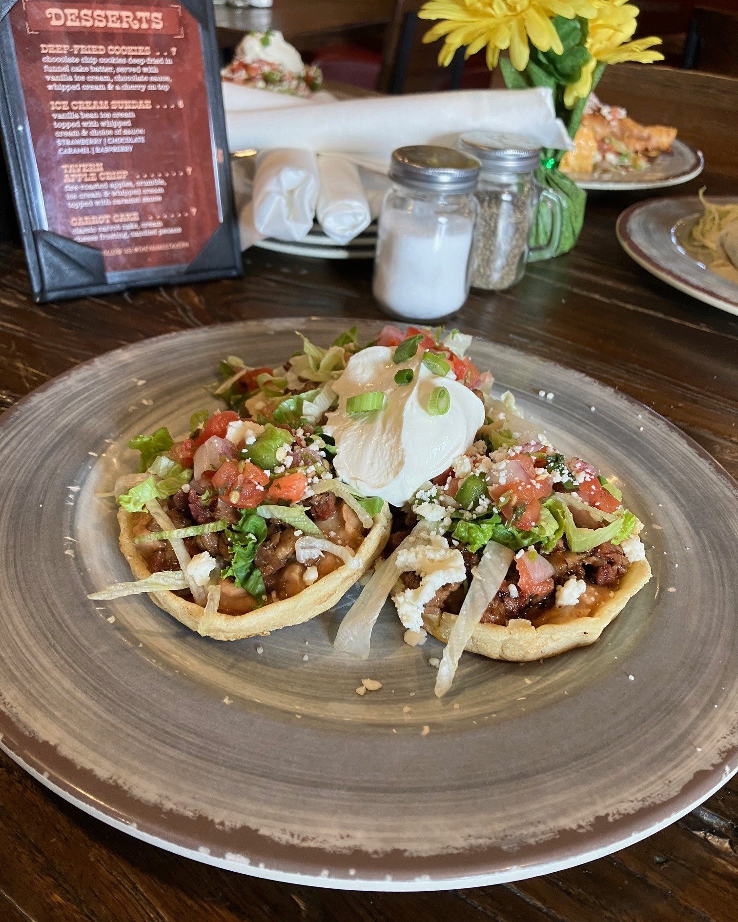 Smoked Brisket Sopes are on the menu for Mexican Tuesdays in May 🇲🇽 Three thick mini corn tortillas are topped with house-made refried beans, house-smoked brisket, pico de gallo, lettuce &amp; queso fresco. Try thrm on Tuesdays all month long for $