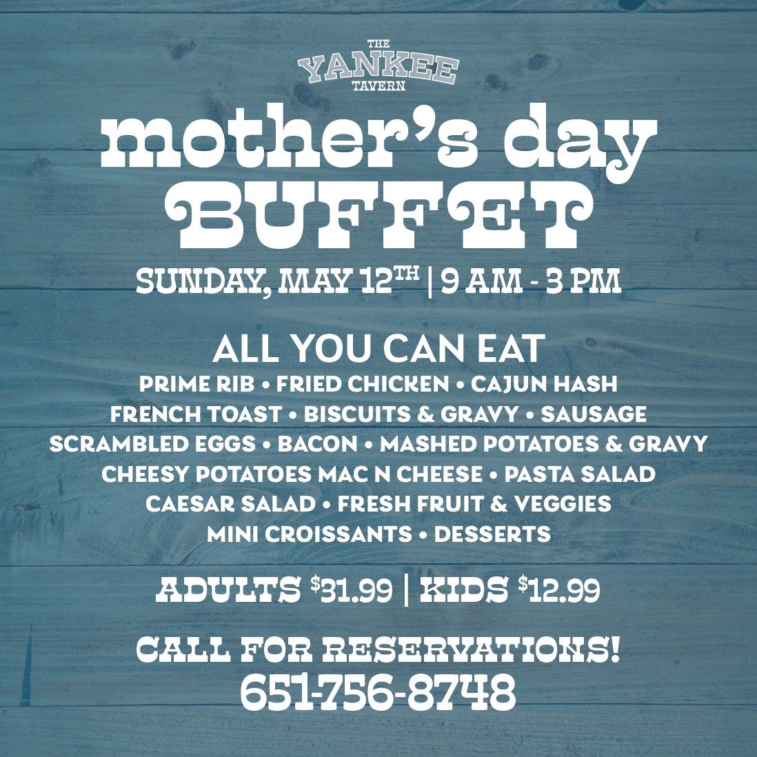 There's still time to make your reservation for our Mother's Day buffet on Sunday, May 12! Treat mom to all-you-can-eat prime rib, fried chicken, cheesy potatoes, salads, desserts &amp; more 🌷 Give us a call at 651-756-8748 to reserve your table.