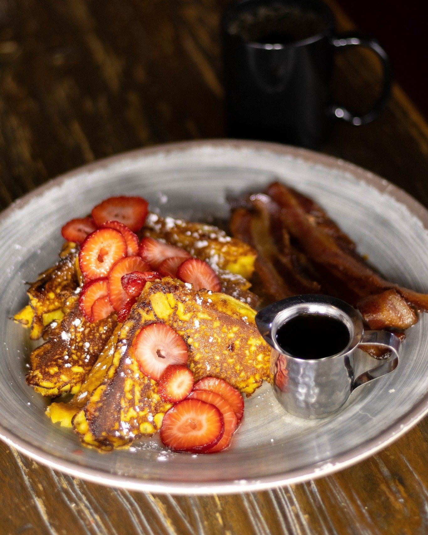 New Brunch Item! 🍓🍞🥓 Cream Cheese-stuffed Strawberry French Toast 😋 

Served on Saturdays &amp; Sundays 9 AM-12 PM, along with many other tasty breakfast delights. 🍳