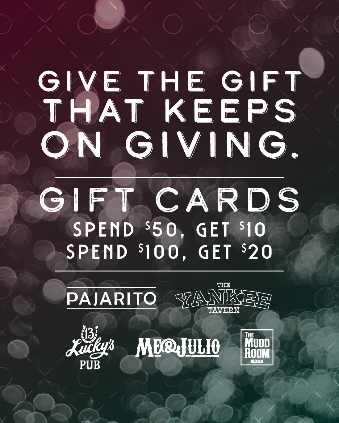 The holiday gift card fun continues 🎁 Give the gift that keeps on giving the rest of the year through January 1, with an extra $20 when you buy $100 in gift cards! Promo value is redeemable through June 30, 2025. Available for purchase in person or 