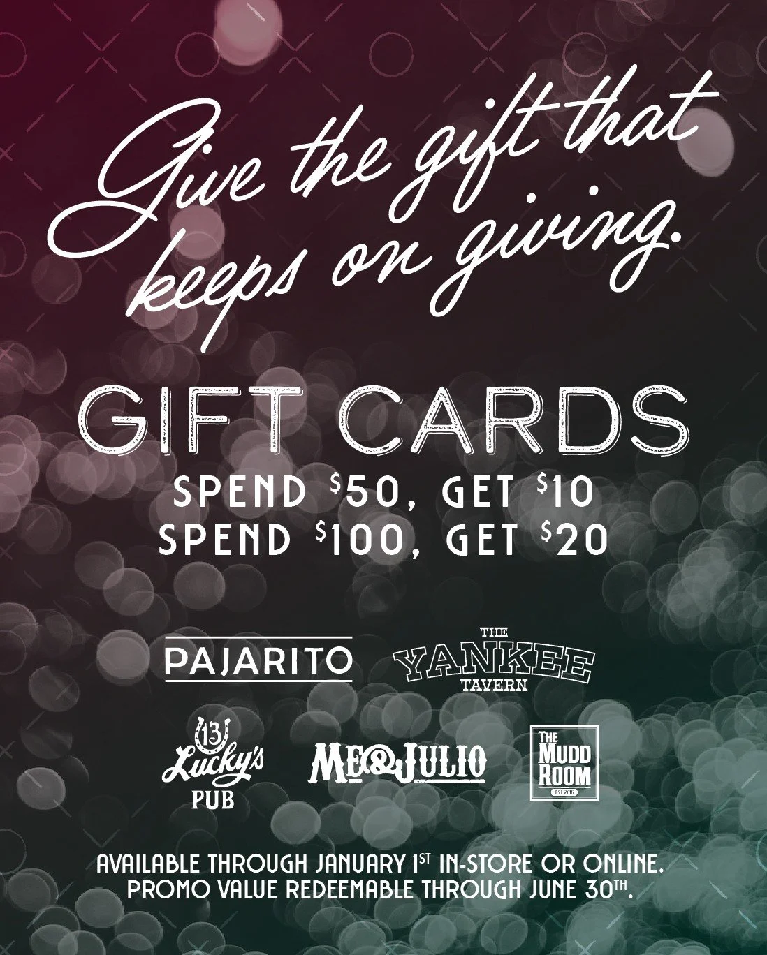 There's still time to take advantage of our holiday gift card special! Through January 1st, get a bonus $20 for every $100 purchased. Available in-store or online at the link in bio. 🎁