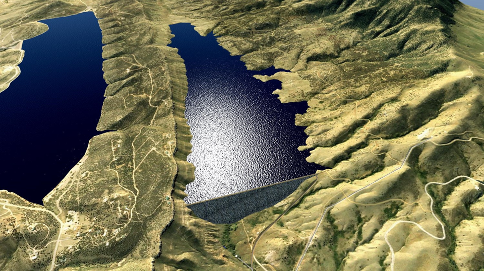 An aerial rendering view of Carter Lake and Chimney Hollow Reservoirs