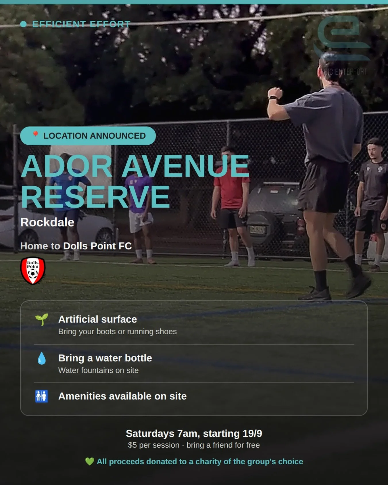 📍 LOCATION LOCKED IN: Ador Avenue Reserve, Rockdale 
Home of @dollspointfc

⏰ 2 DAYS TO GO - Saturday, 7am

Week 1 = Initial Testing. All levels welcome.

💰 $5 a session, bring a friend free, payment on the day (accepting cash or card)
💚 All proce