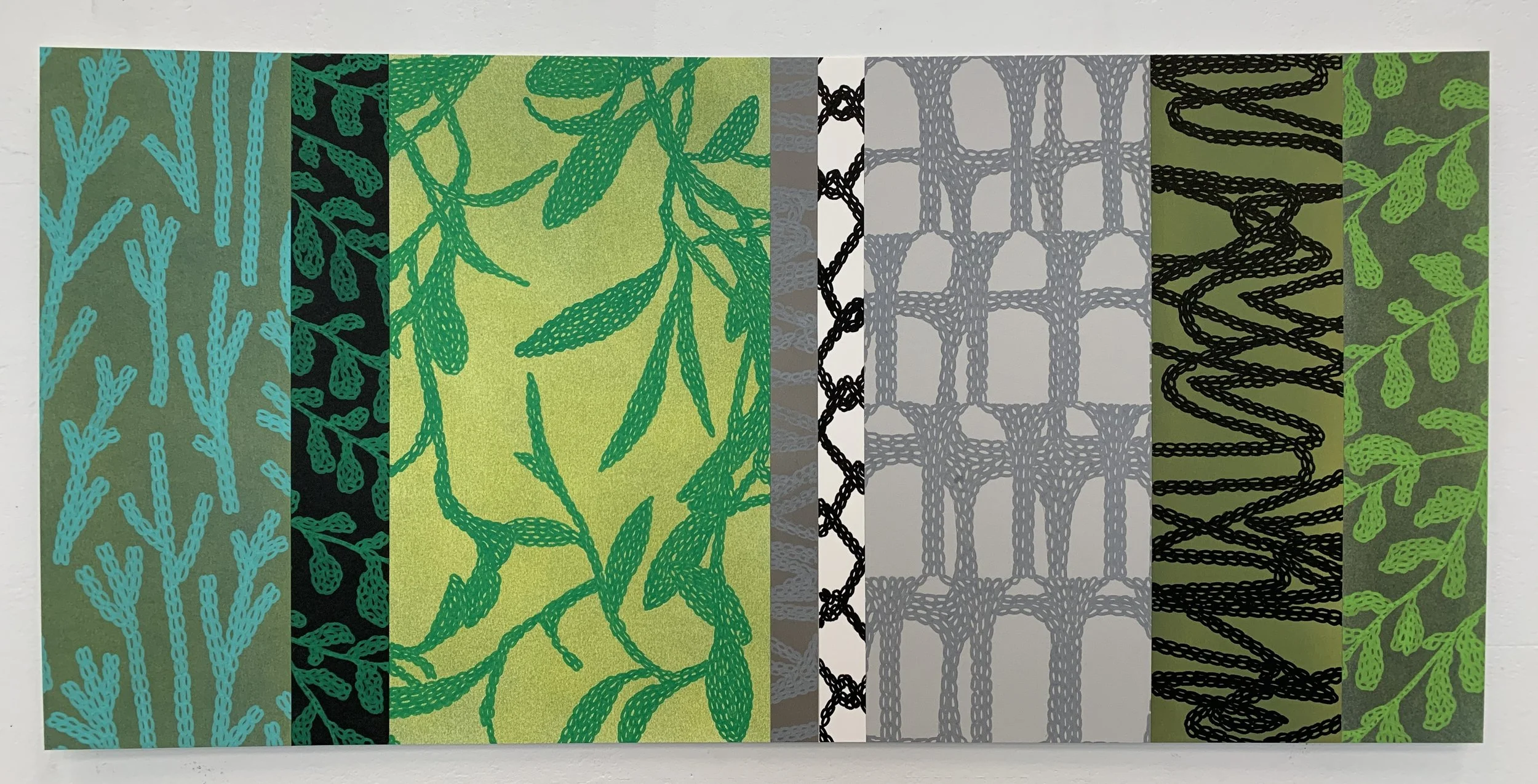 Enclosure / Exposure II - 2025 - Pastels and paint pens on white, black and tinted Stonehenge paper - 14.5" by 30"