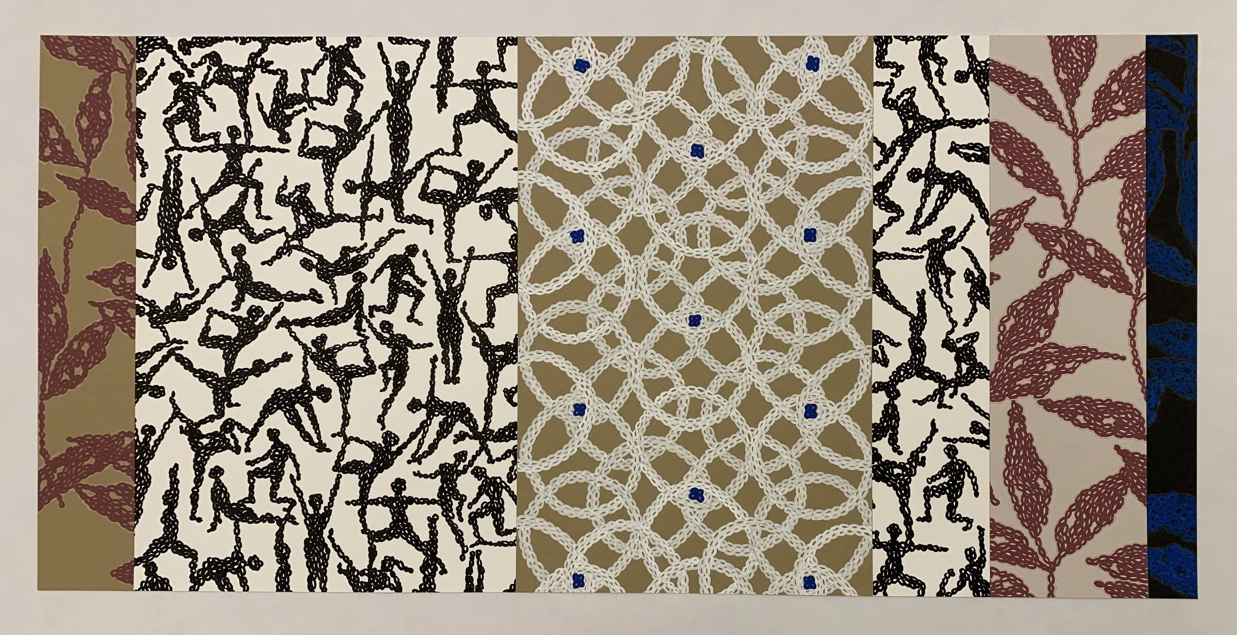 Yoga Cuneiform III - 2025 - Paint pens and coloured pencils on white, black and tinted Stonehenge paper - 14.5" by 30"