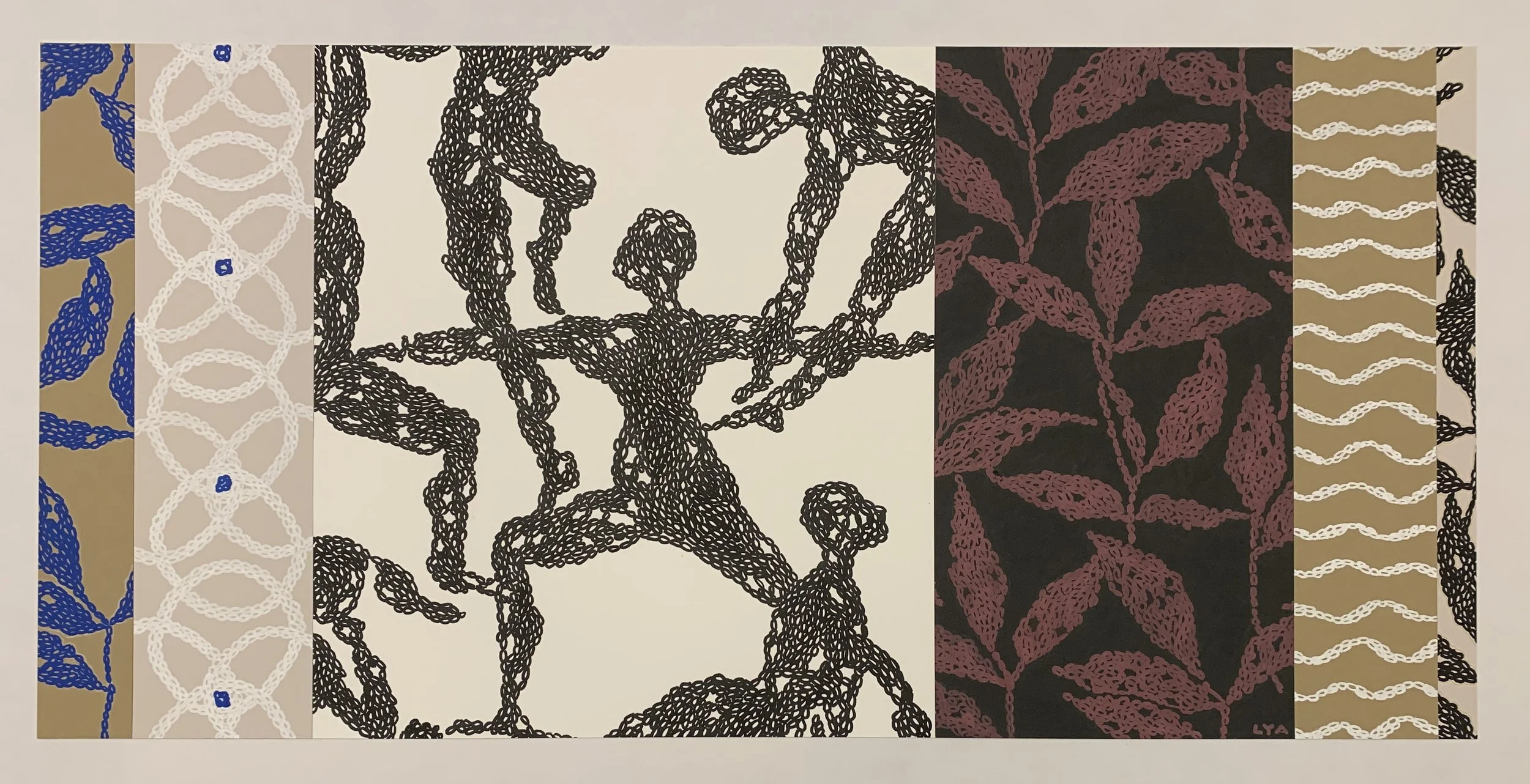 Yoga Cuneiform I - 2025 - Paint pens and coloured pencils on white, black and tinted Stonehenge paper - 14.5" by 30"