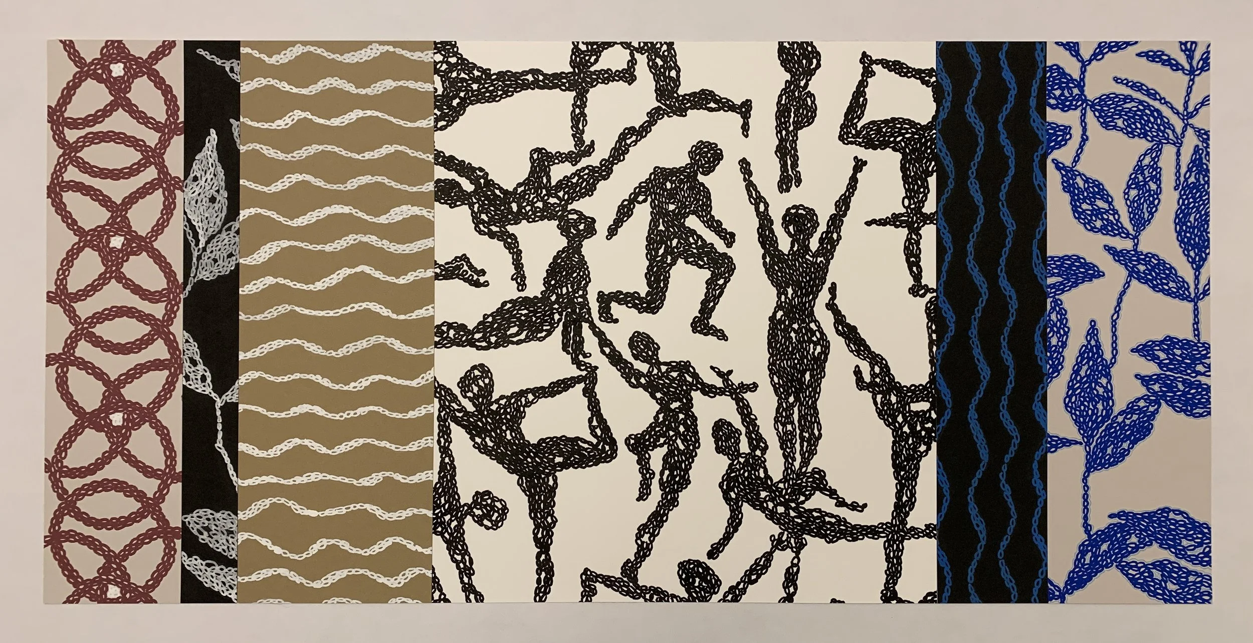 Yoga Cuneiform II - 2025 - Paint pens and coloured pencils on white, black and tinted Stonehenge paper - 14.5" by 30"