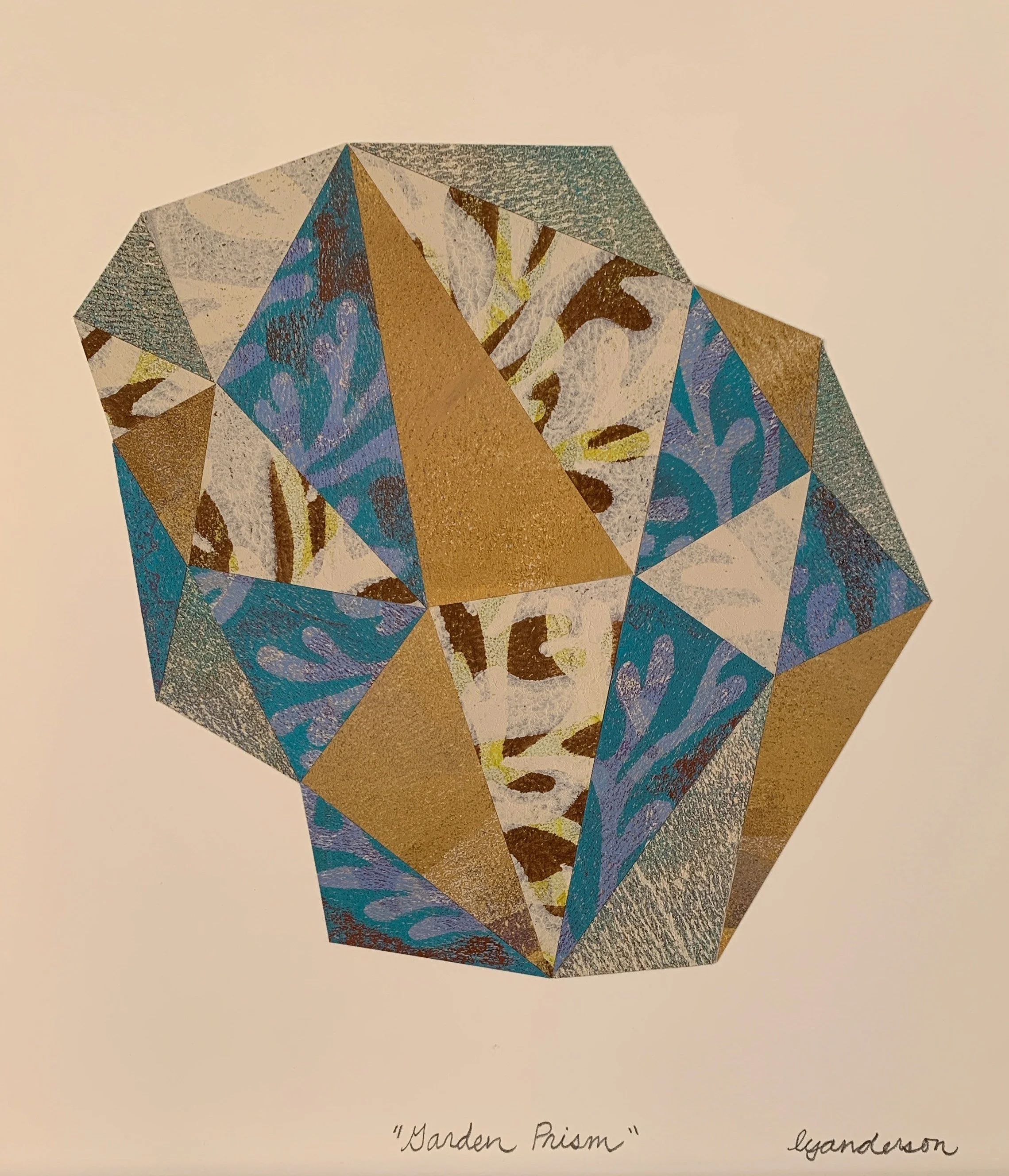 Garden Prism - 2025 - Collage of gel plate acrylic monotypes on tinted Stonehenge paper - 10.5" by 12.75"