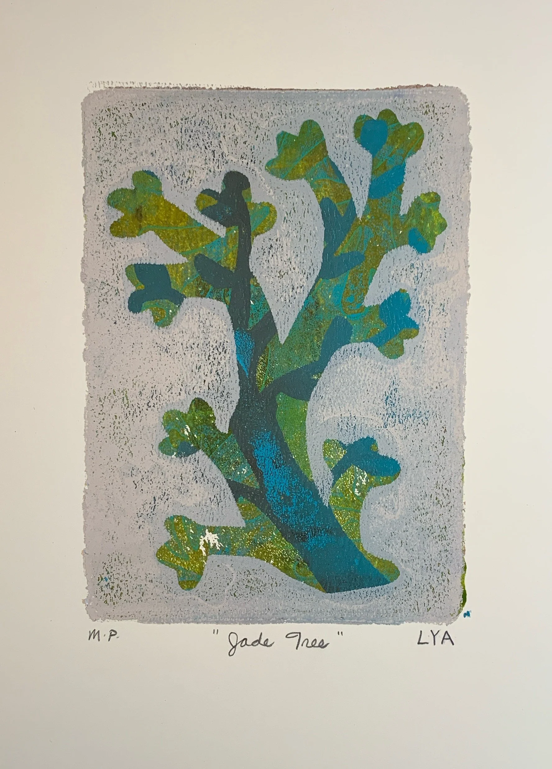 Jade Tree - 2024 - Acrylic paint monotype from gel plate - Image size: 7" by 5"