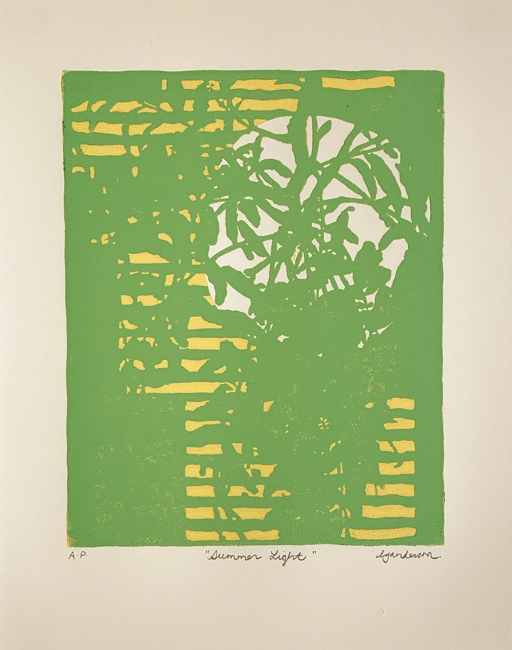 Summer Light - 2024 - Two-colour lino reduction print - Image size: 10" by 8" on 14" by 11" paper