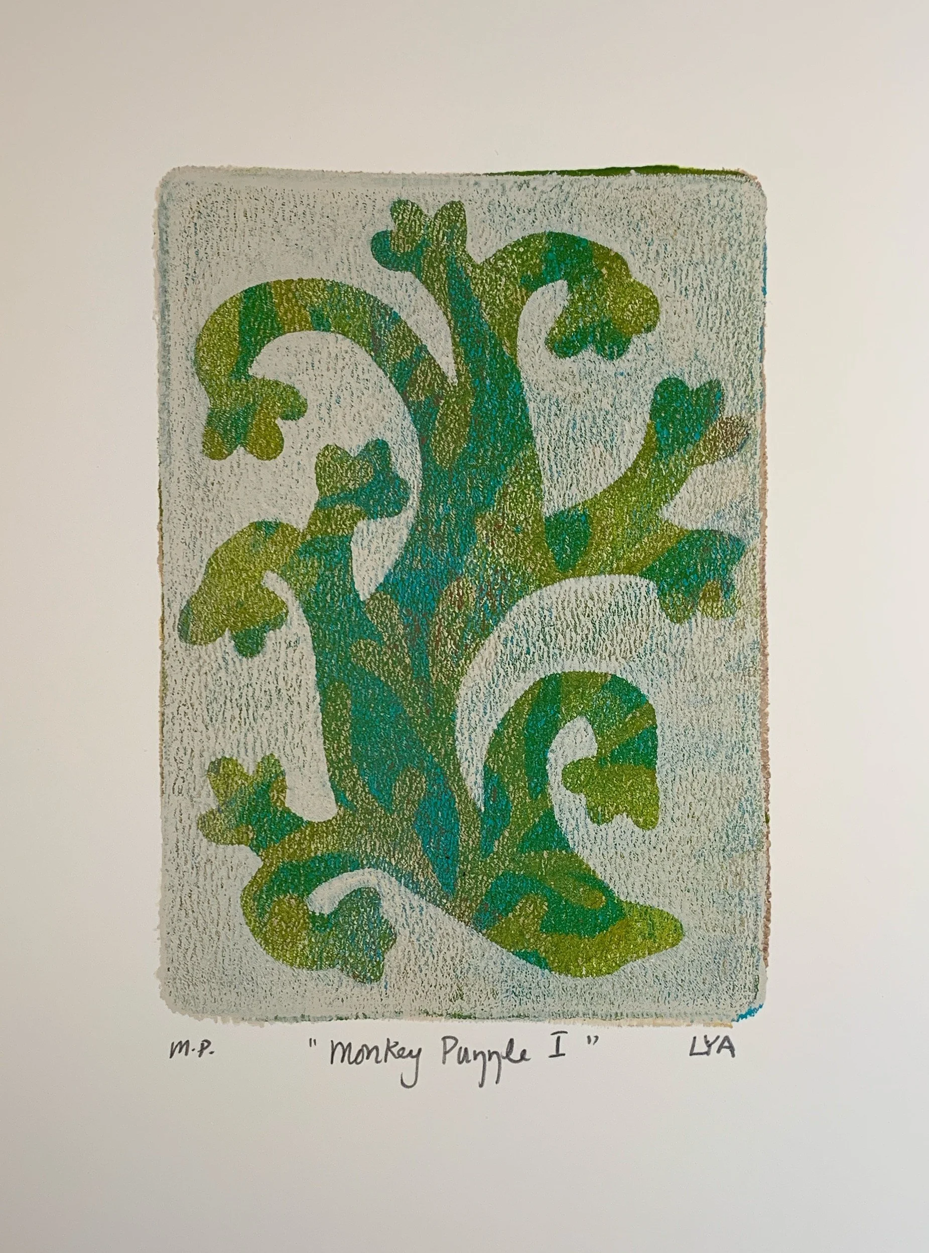 Monkey Puzzle I - 2024 -  Acrylic paint monotype from gel plate - Image size: 7" by 5"