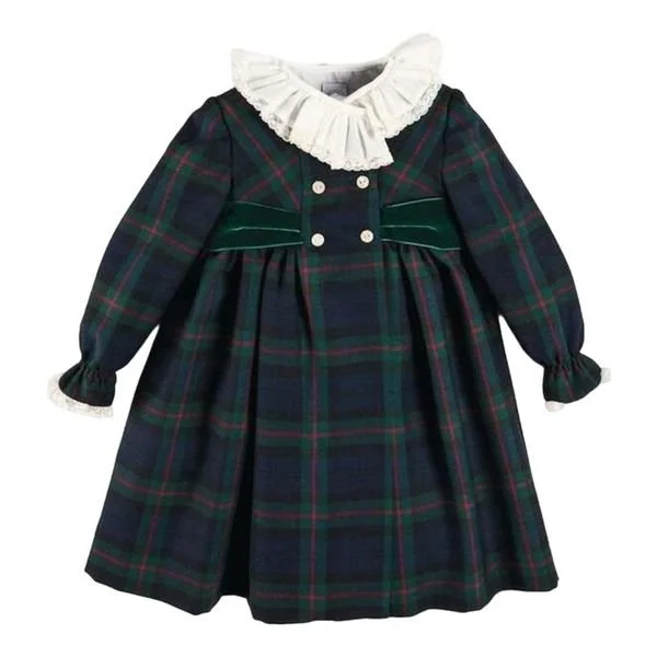 PEPA LONDON | Kinnerton Tartan Hand Smocked Double Breasted Velvet Bow Dress