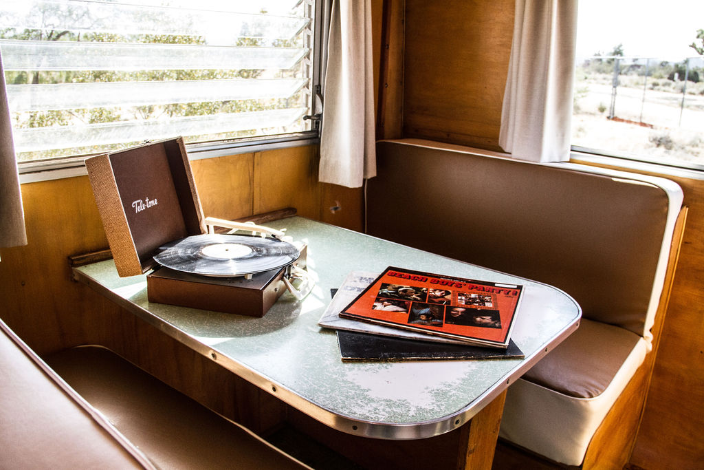 Vintage terry travel trailer interior with turntable 