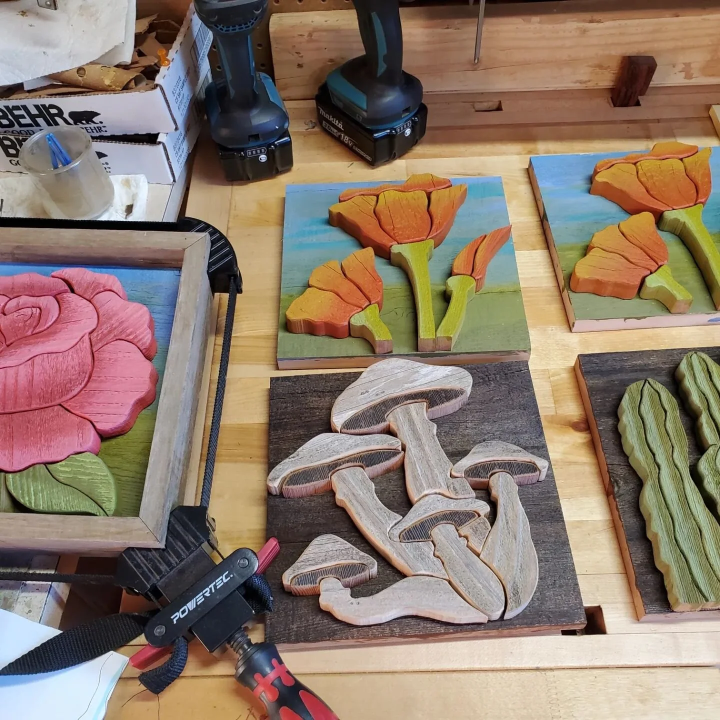 Today it's a frame making day!  Sometimes I get ahead of myself with making the patterns and then need to my least favorite part of making frames and backings.  But my little workshop is getting nice and full in preparation for two big shows coming u