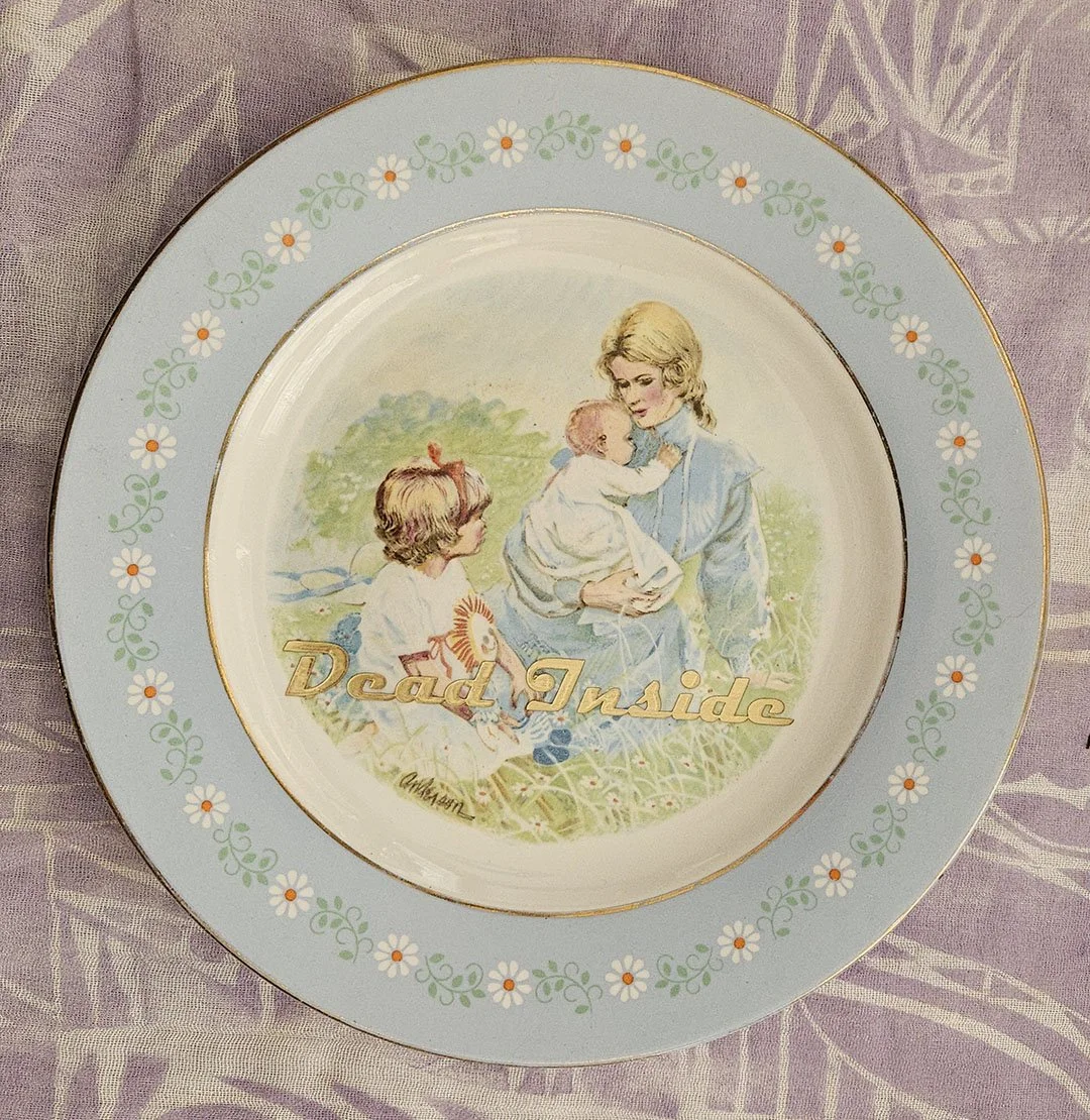 Dead Inside, hand painted vintage plate