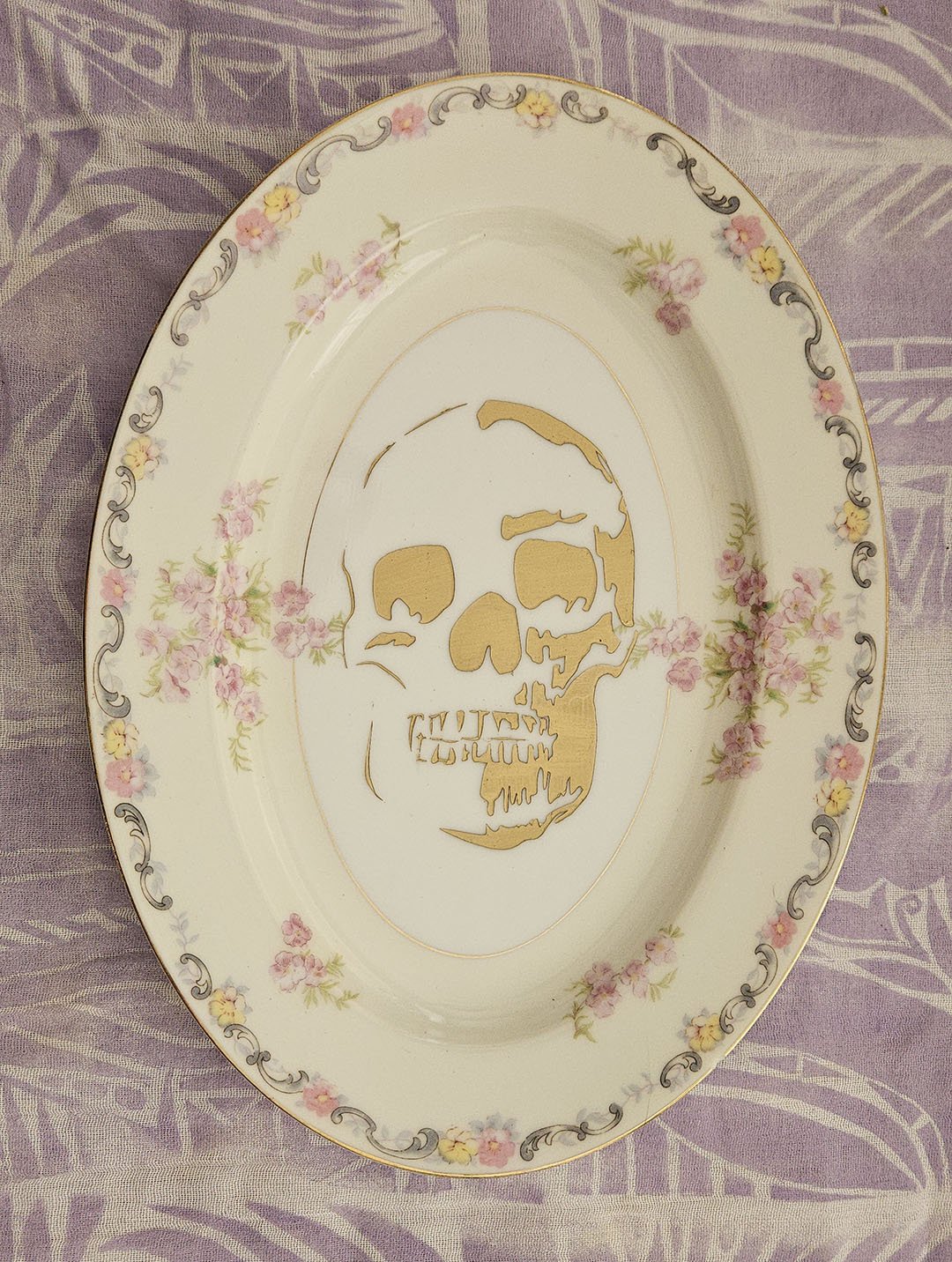 Skull, hand painted on vintage platter